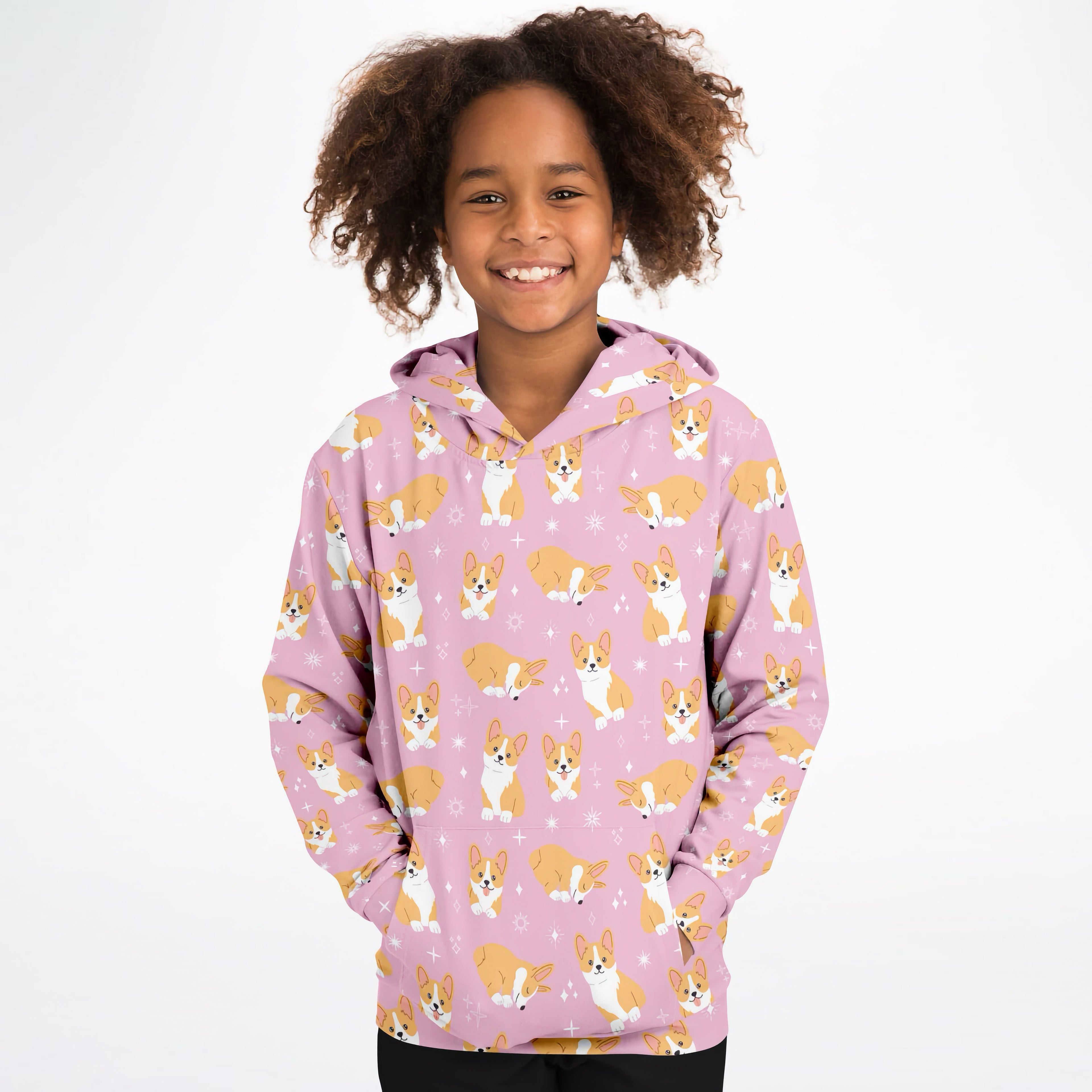Girls Pink Corgi Dog Hoodie – Cozy Cotton Fleece or Lightweight Sports Fabric