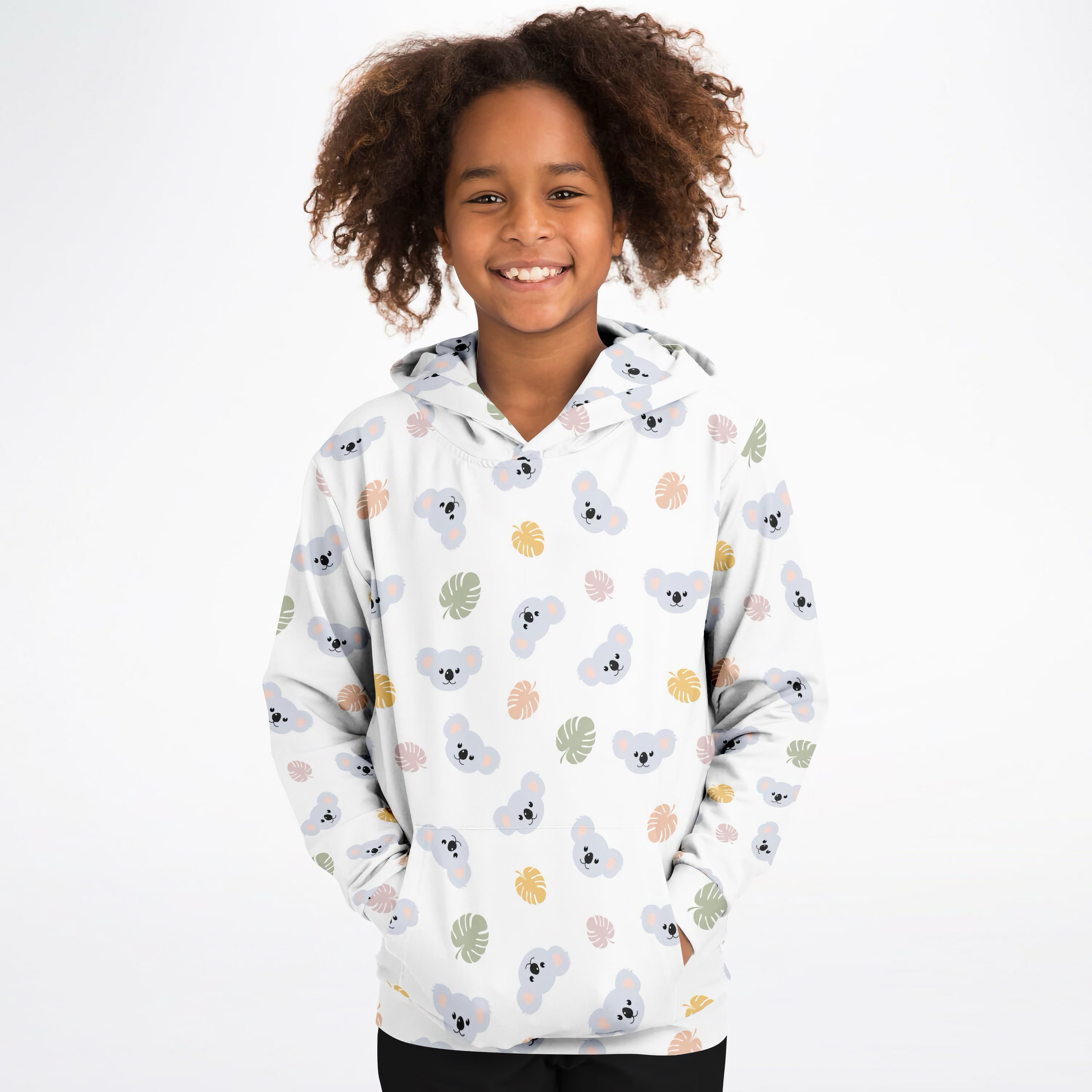 White kids hoodie with gray koala and pastel tropical leaf pattern made from cozy cotton fleece or lightweight fabric