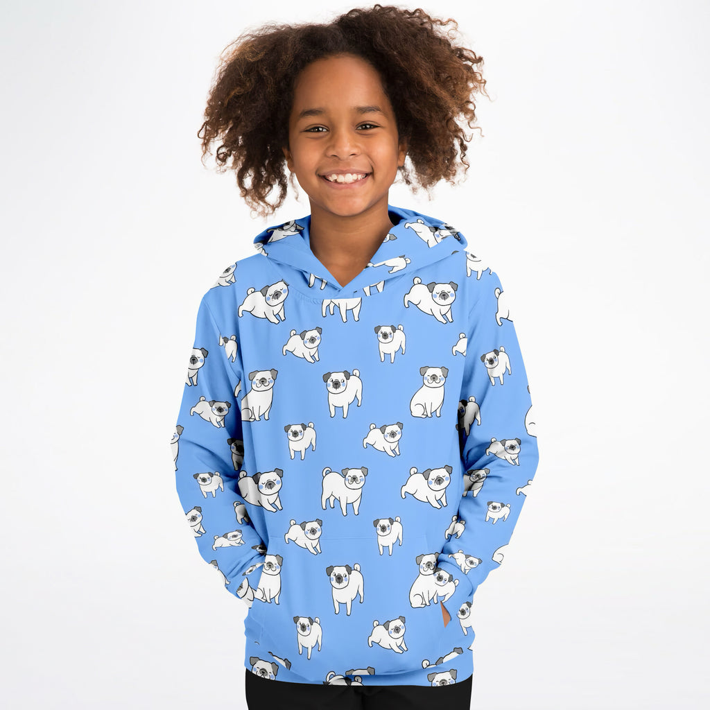 Kids Blue Pug Hoodie – Cozy Cotton Fleece or Lightweight Sports Fabric