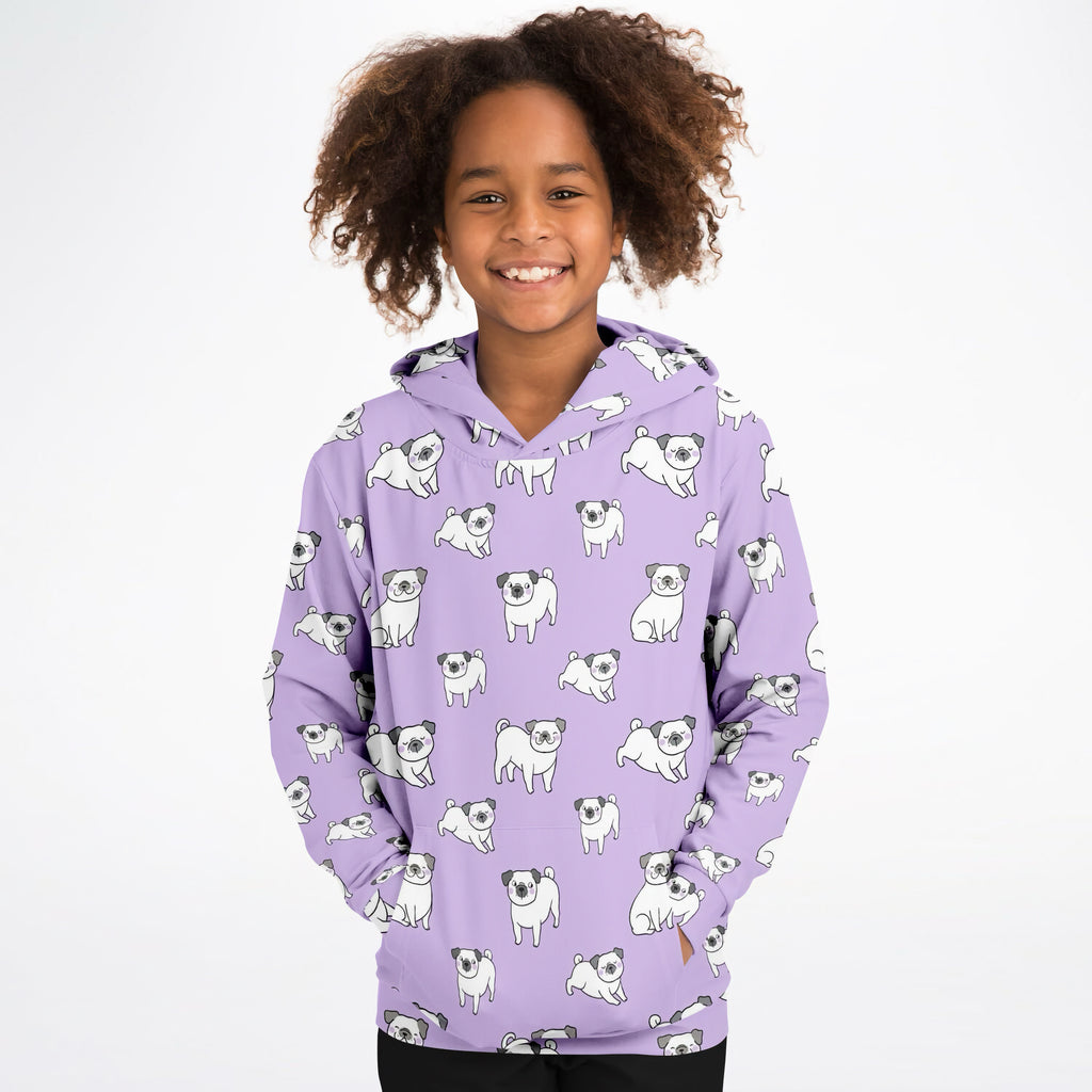 Girls purple pug hoodie in cozy cotton fleece with white pug pattern in lavender for casual wear