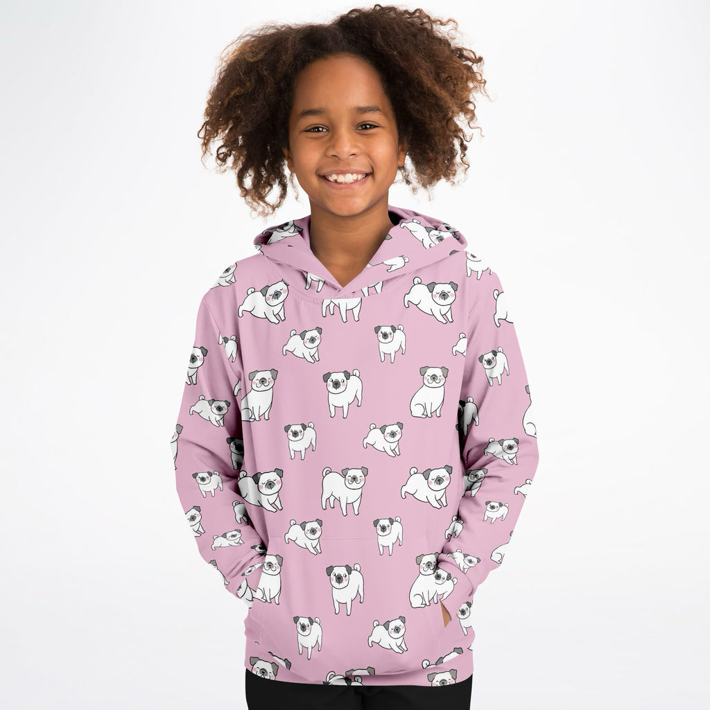 Girls Pink Pug Hoodie – Cozy Cotton Fleece or Lightweight Sports Fabric