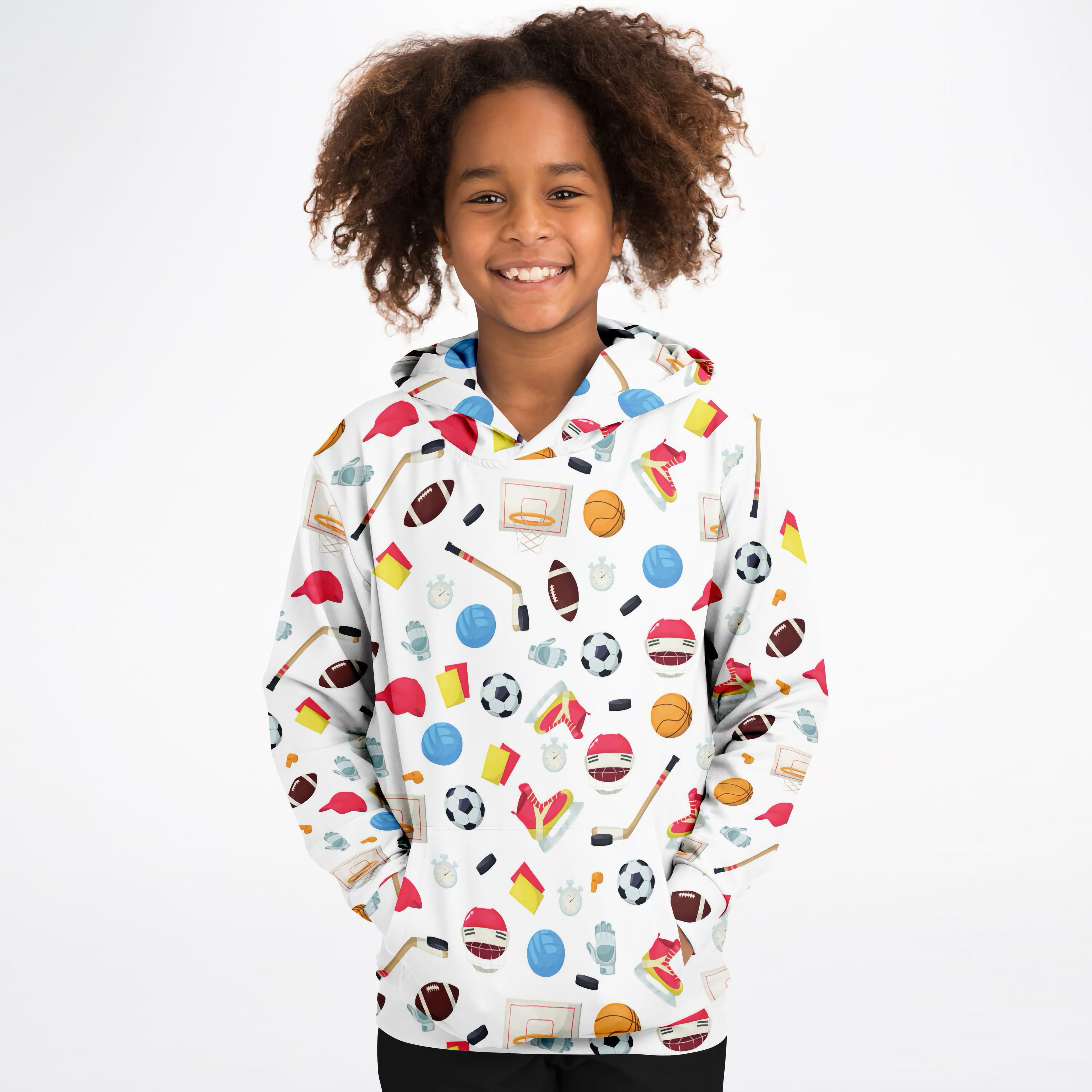 White kids sports themed hoodie with colorful football basketball and hockey icons in cozy cotton fleece
