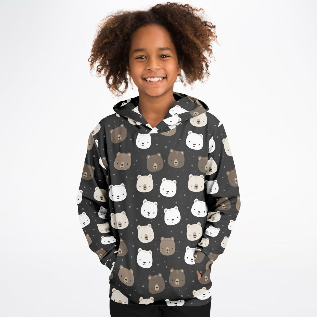 Kids bear face hoodie in dark gray cotton fleece with playful white and brown bear faces for cozy wear