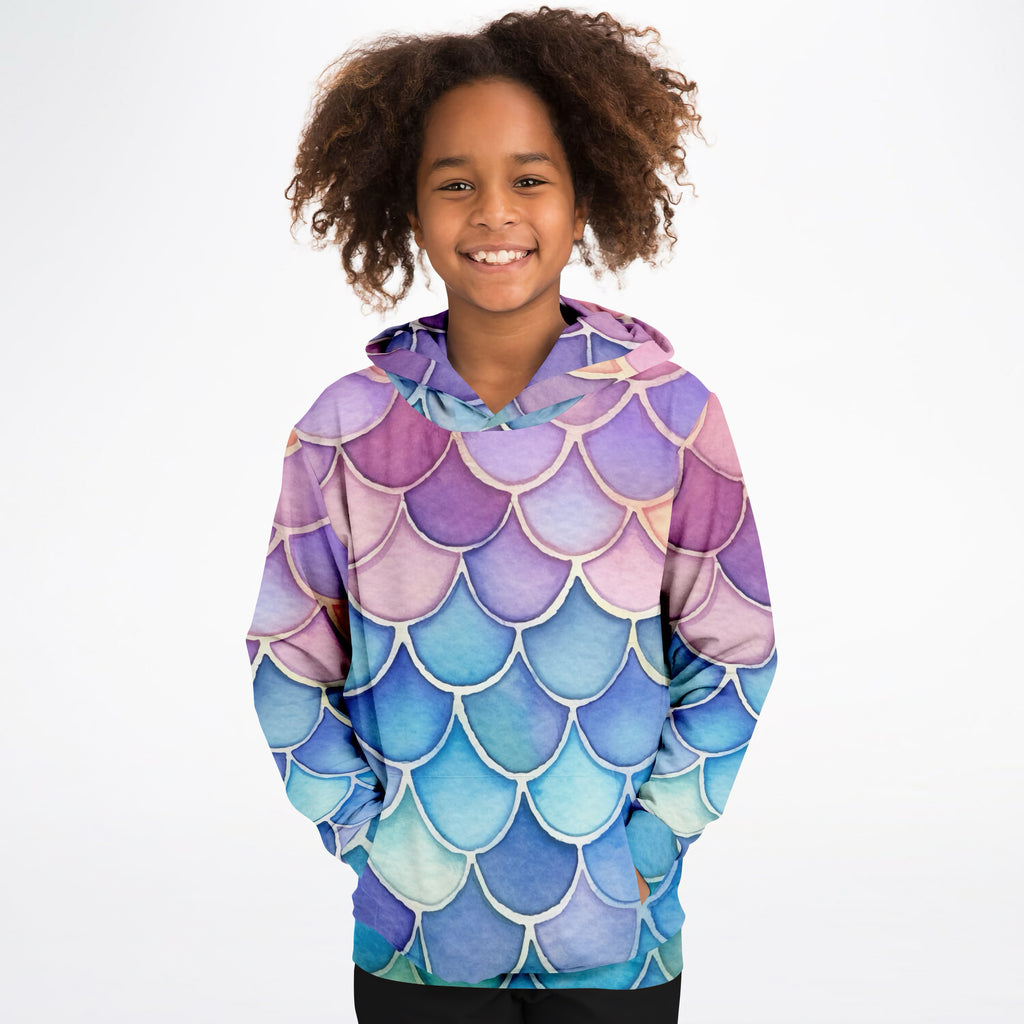 Girls watercolor mermaid hoodie in cozy cotton fleece with purple pink and blue gradient mermaid scales print