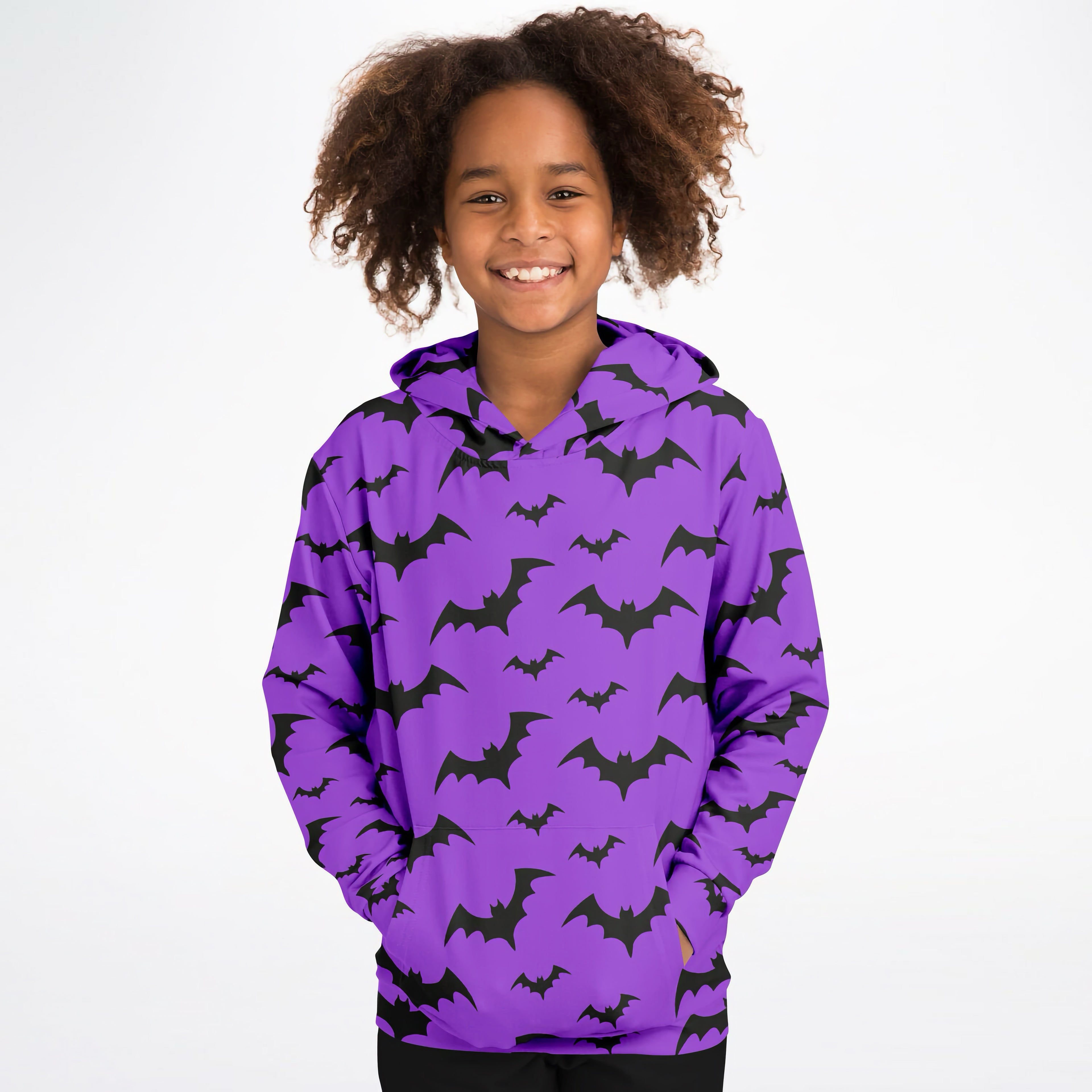 Kids purple bats halloween hoodie with black bat prints made of cozy cotton fleece or lightweight sports fabric