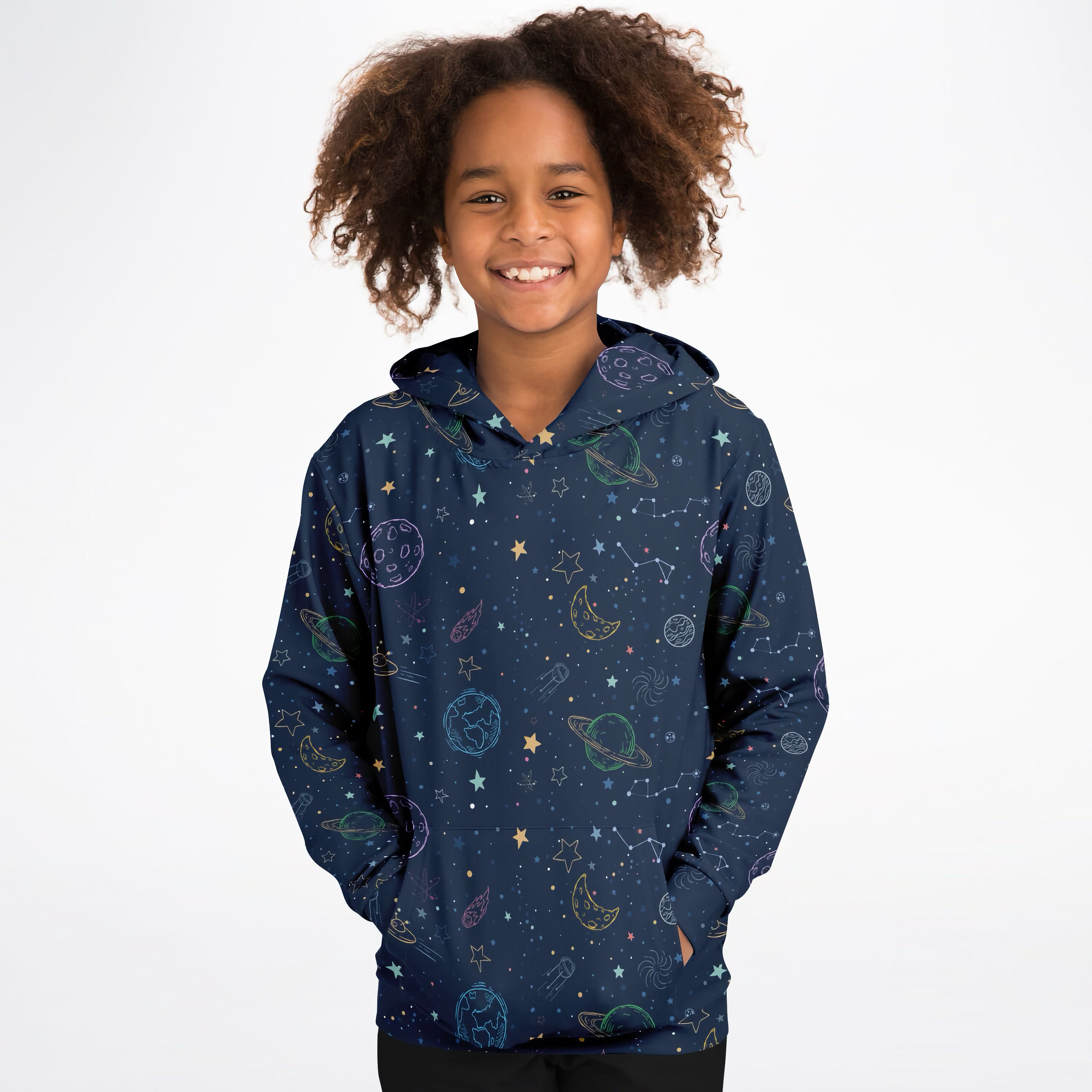 Navy blue kids colorful galaxy space hoodie with playful pastel planet pattern in cozy cotton fleece fabric
