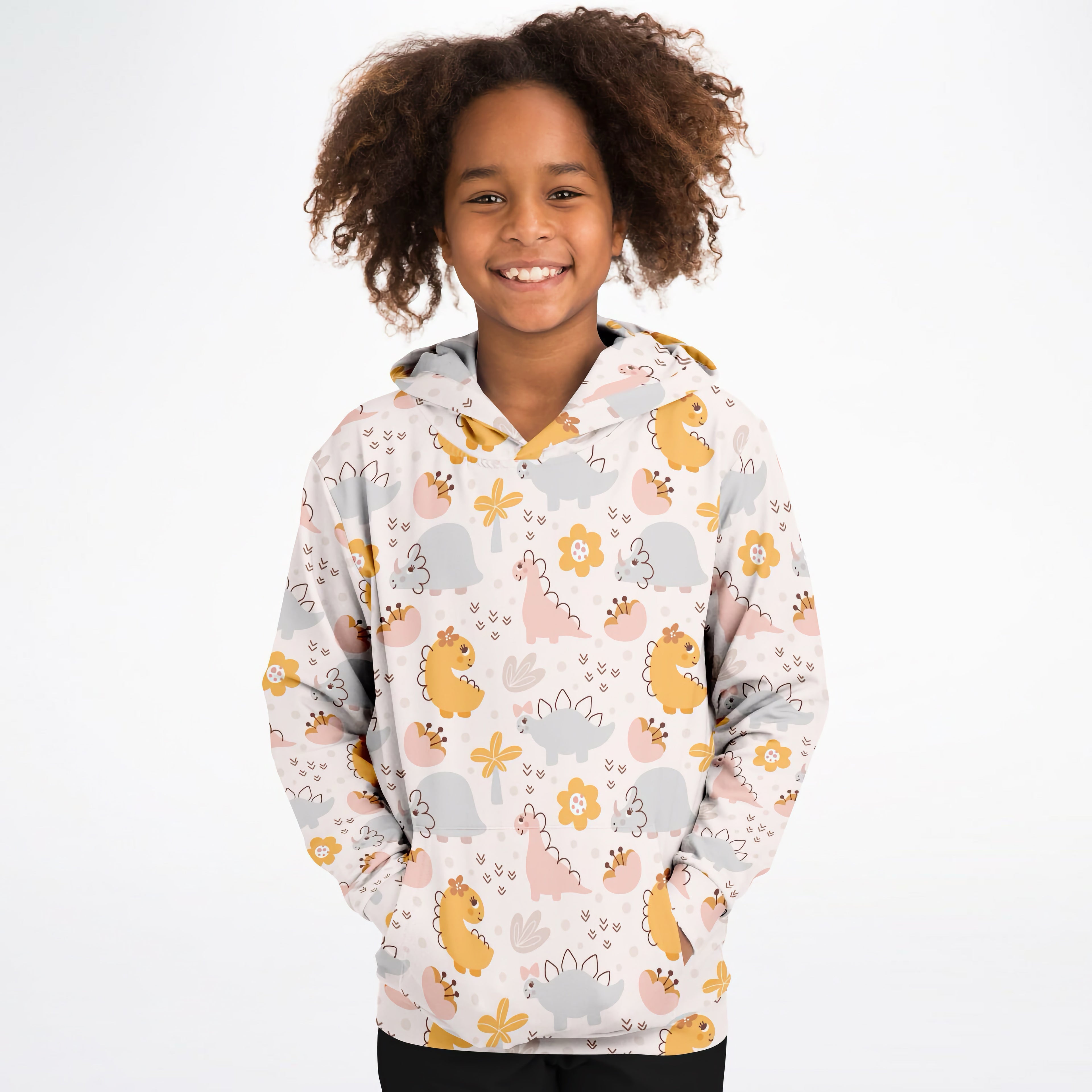 Girls Pastel Floral Dinosaur Hoodie – Cozy Cotton Fleece or Lightweight Sports Fabric
