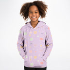 Girls Pastel Purple Kawaii Cats & Clouds Hoodie – Cozy Cotton Fleece or Lightweight Sports Fabric