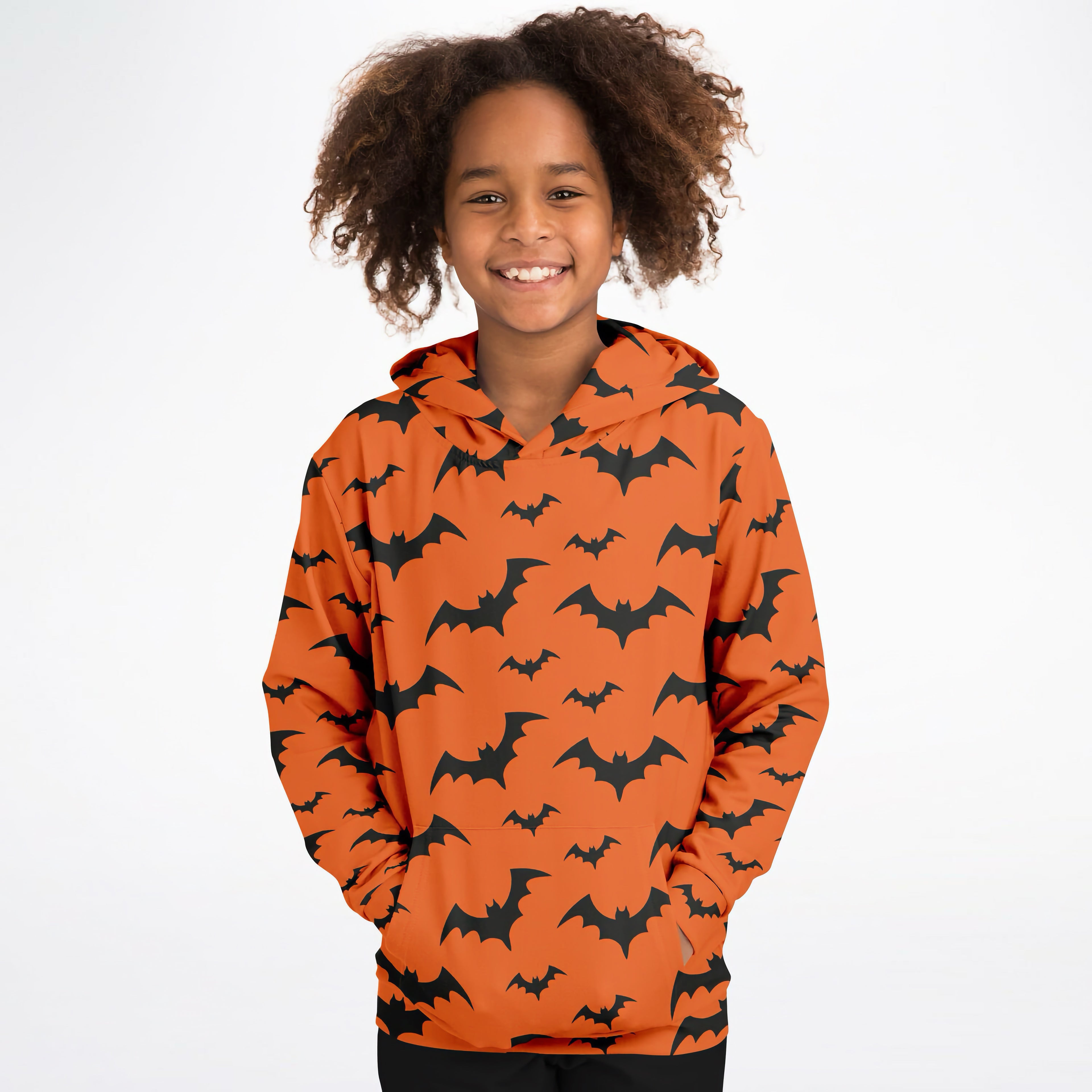 Kids orange hoodie with black bat pattern made of cozy cotton fleece or lightweight sports fabric for halloween