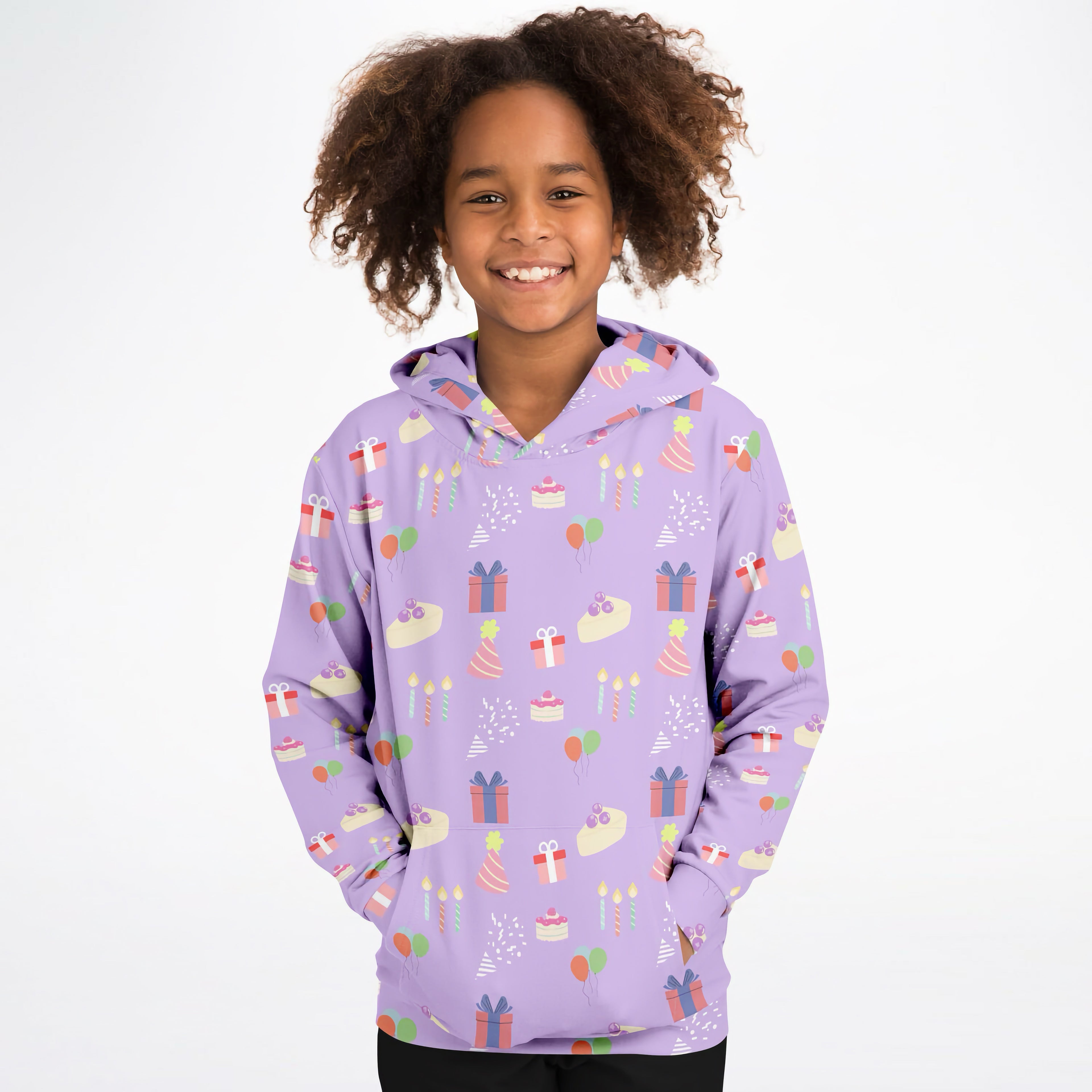 Girls Purple Birthday Pattern Hoodie – Cozy Cotton Fleece or Lightweight Sports Fabric