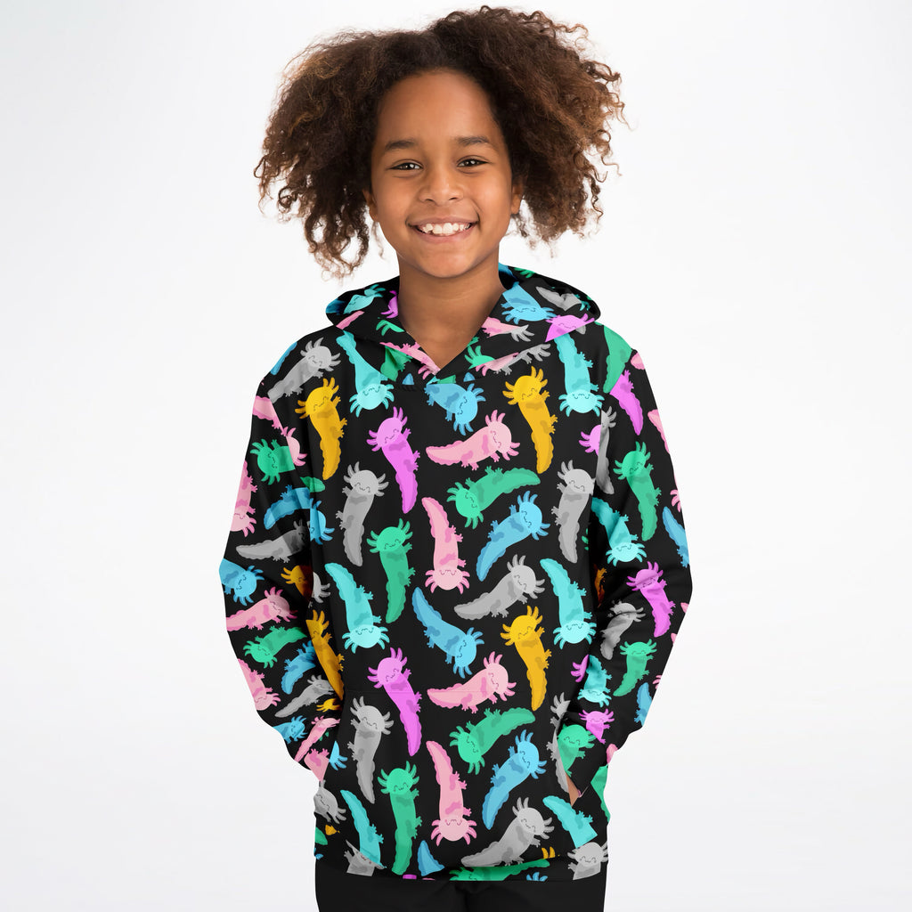 Black kids hoodie with vibrant colorful cartoon axolotl print made from cozy cotton fleece or lightweight sports fabric