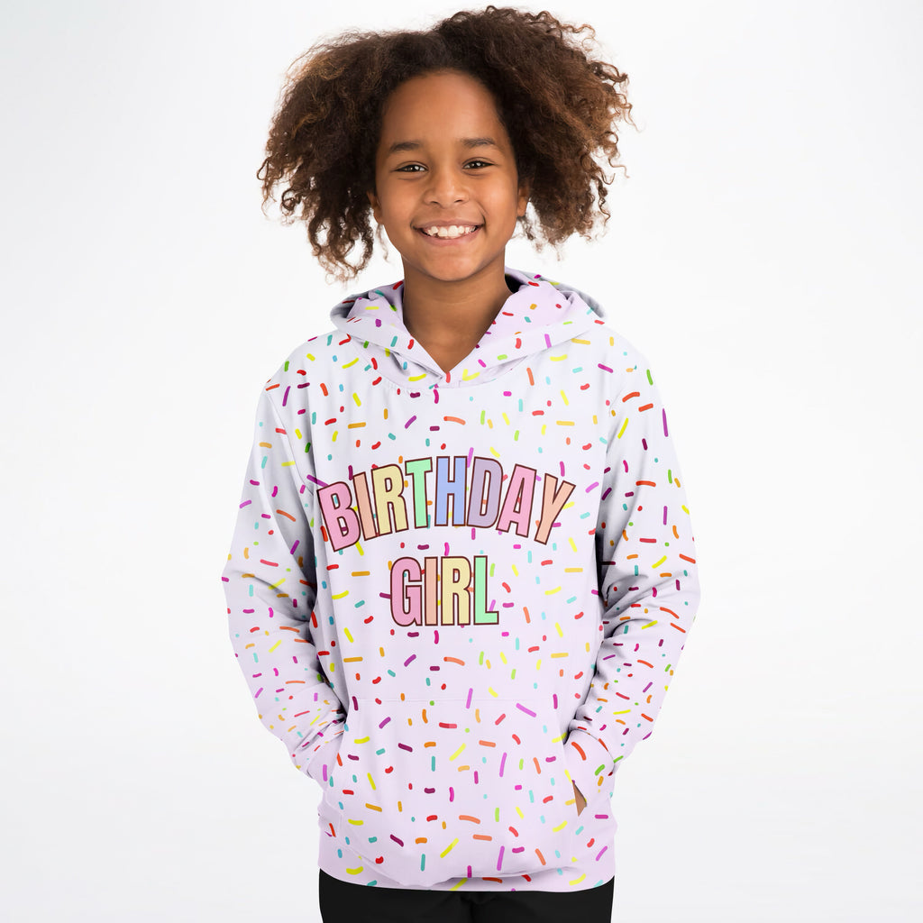 A soft lavender birthday girl hoodie with rainbow sprinkles pattern in cozy cotton fleece or lightweight sports fabric
