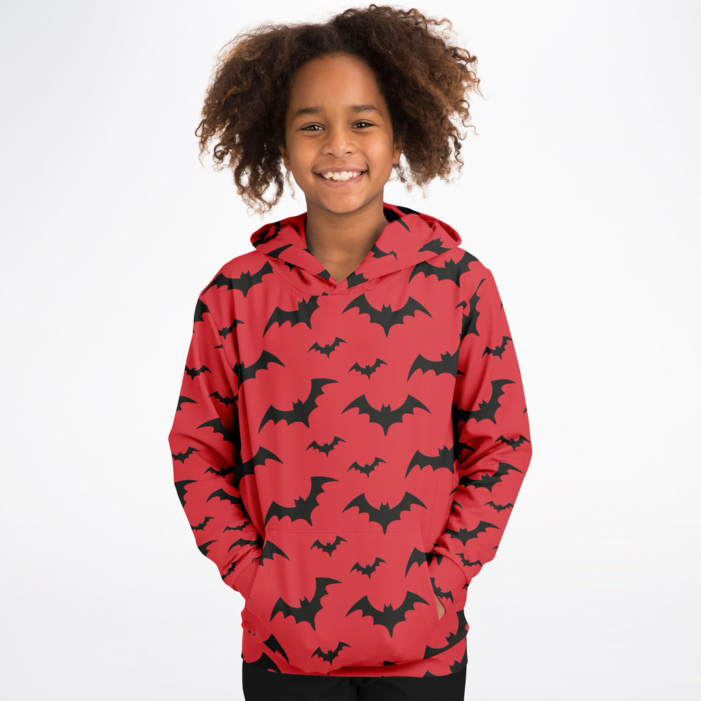 Kids Red Bats Halloween Hoodie – Cozy Cotton Fleece or Lightweight Sports Fabric