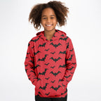 Kids Red Bats Halloween Hoodie – Cozy Cotton Fleece or Lightweight Sports Fabric
