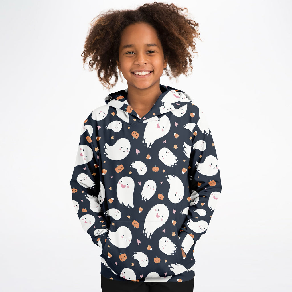 Navy blue kids ghost halloween hoodie with playful white ghost pumpkin star pattern in cozy cotton fleece