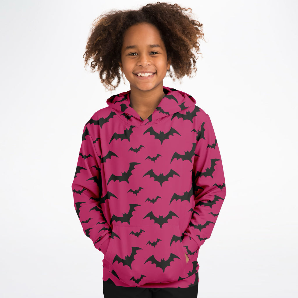 Kids Pink Bats Halloween Hoodie – Cozy Cotton Fleece or Lightweight Sports Fabric