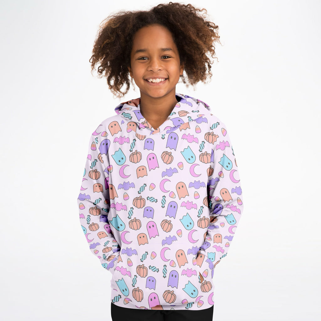 A child wearing a girls pastel ghost halloween hoodie in light purple cotton fleece with colorful cartoon prints
