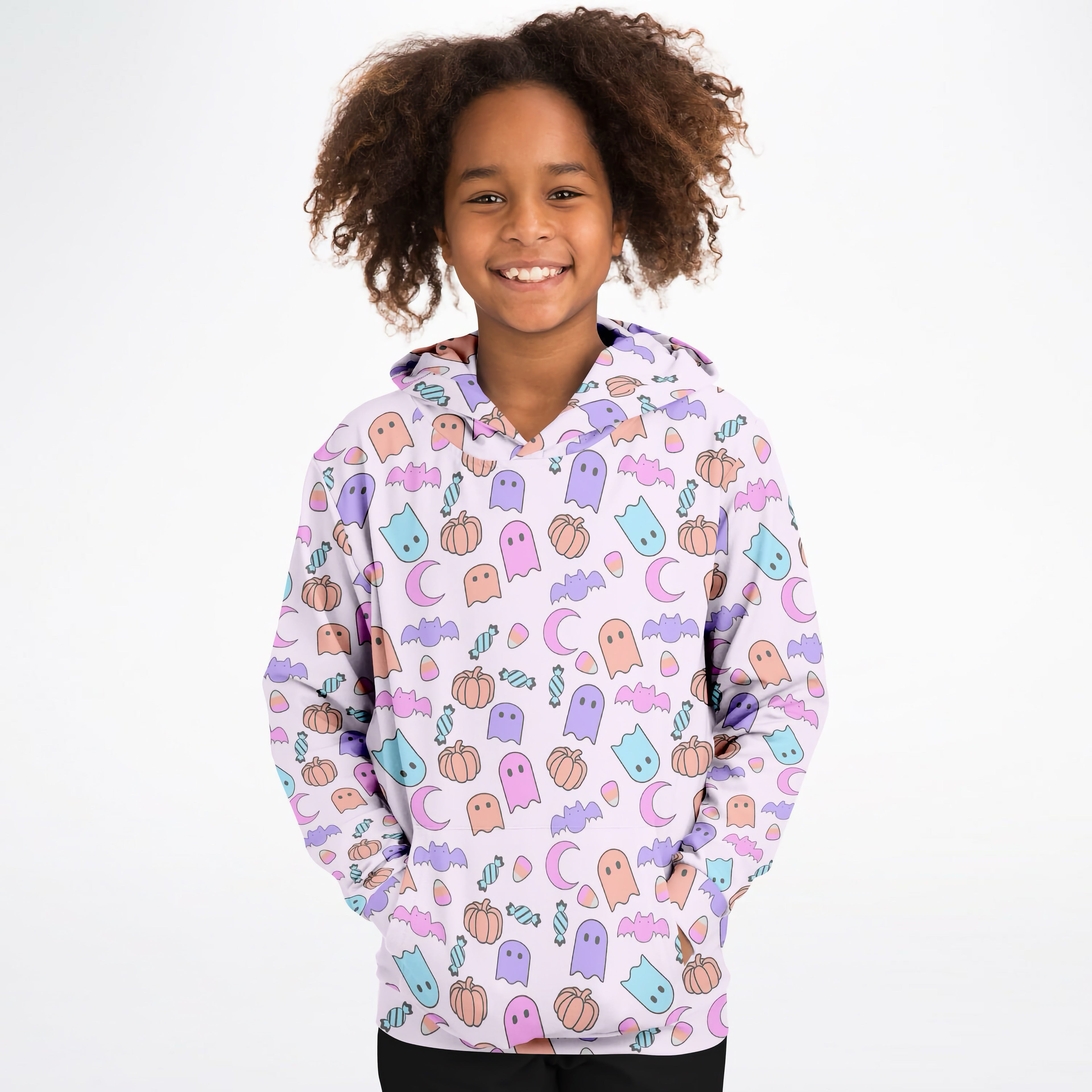 A child wearing a girls pastel ghost halloween hoodie in light purple cotton fleece with colorful cartoon prints