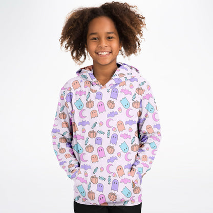 Girls Pastel Ghost Halloween Hoodie – Cozy Cotton Fleece or Lightweight Sports Fabric