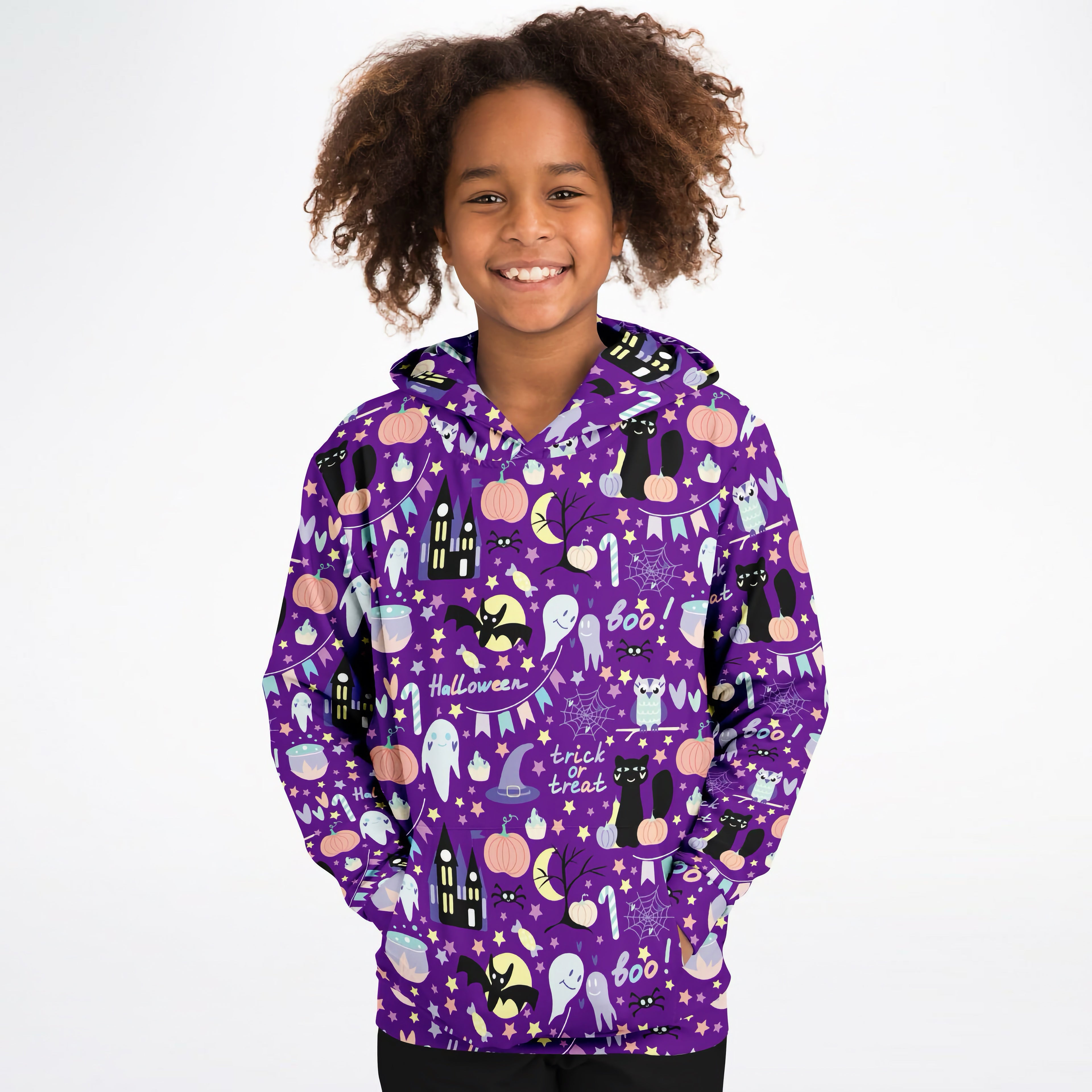 Purple kids spooky halloween hoodie with black cats pumpkins ghosts and trick or treat text in cozy cotton fleece
