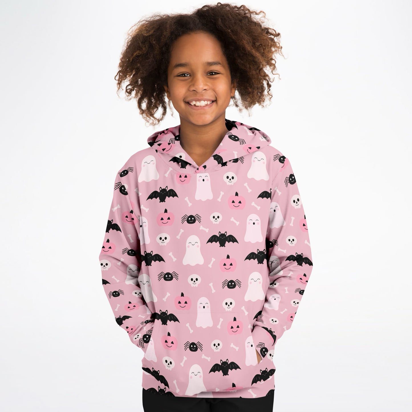 Girls Cute Ghost And Bats Pink Halloween Hoodie – Cozy Cotton Fleece or Lightweight Sports Fabric
