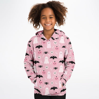 Girls Cute Ghost And Bats Pink Halloween Hoodie – Cozy Cotton Fleece or Lightweight Sports Fabric