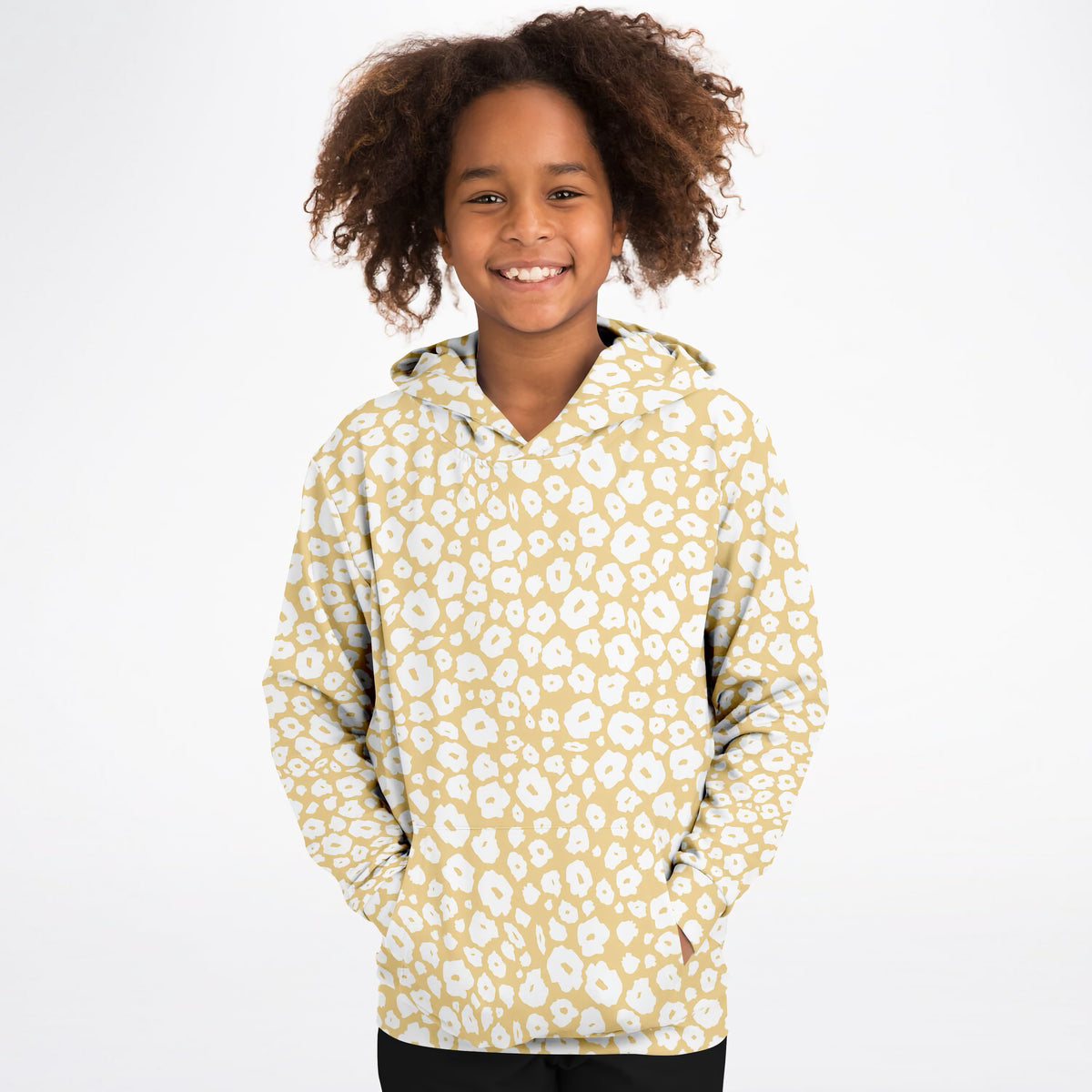 Kids Light Yellow Leopard Hoodie – Ultra Comfy & Stretchy, Cozy Fleece or Lightweight Sports Fabric, Double-Layer Hood & Kangaroo Pocket