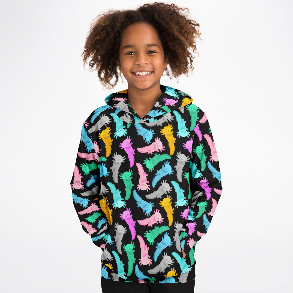 Kids Colorful Axolotl Hoodie – Ultra Comfy & Stretchy, Cozy Fleece or Lightweight Sports Fabric, Double-Layer Hood & Kangaroo Pocket