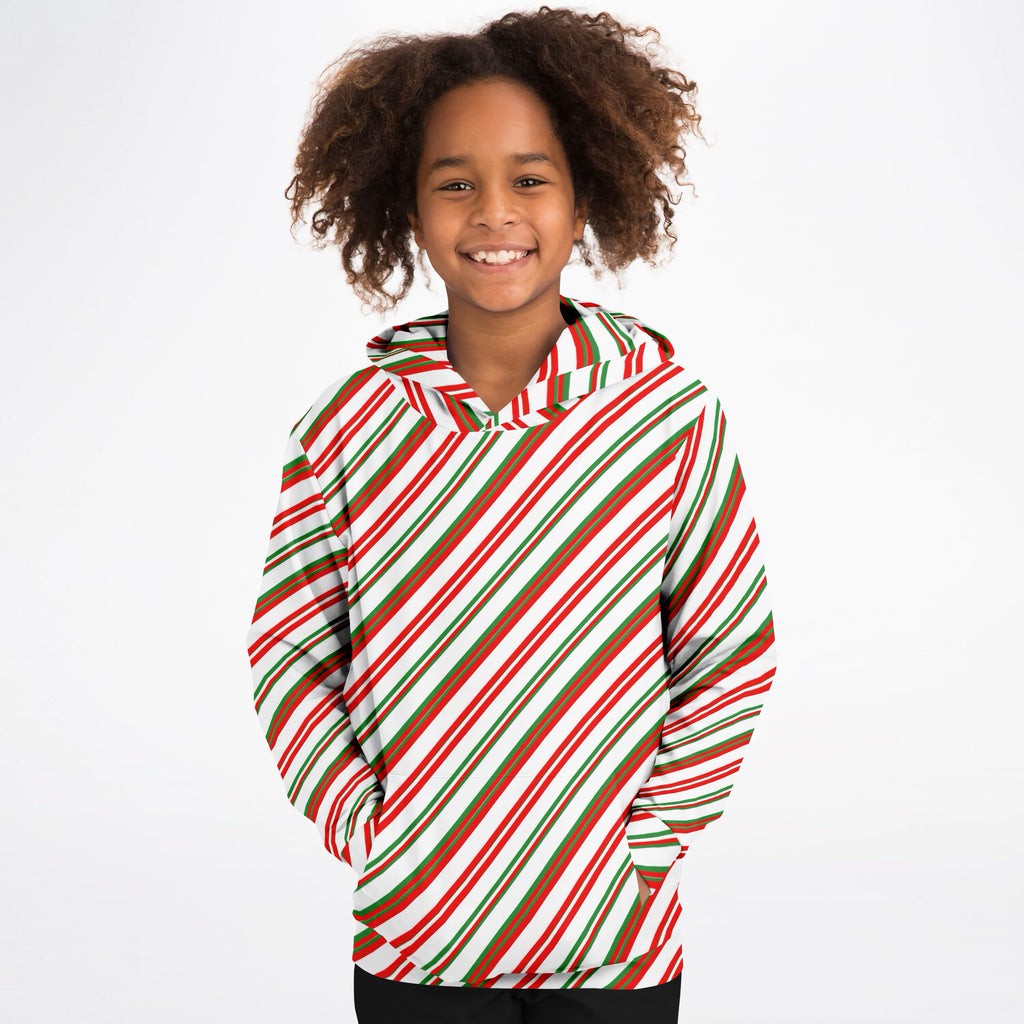 Kids Christmas Peppermint Stripe Hoodie – Ultra Comfy & Stretchy, Cozy Fleece or Lightweight Sports Fabric, Double-Layer Hood & Kangaroo Pocket