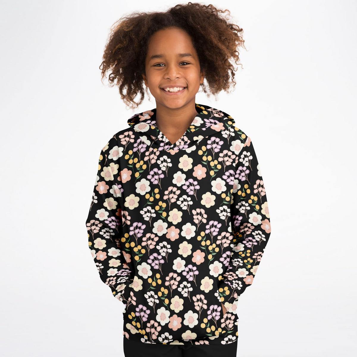Girls Black Floral Hoodie – Ultra Comfy & Stretchy, Cozy Fleece or Lightweight Sports Fabric, Double-Layer Hood & Kangaroo Pocket