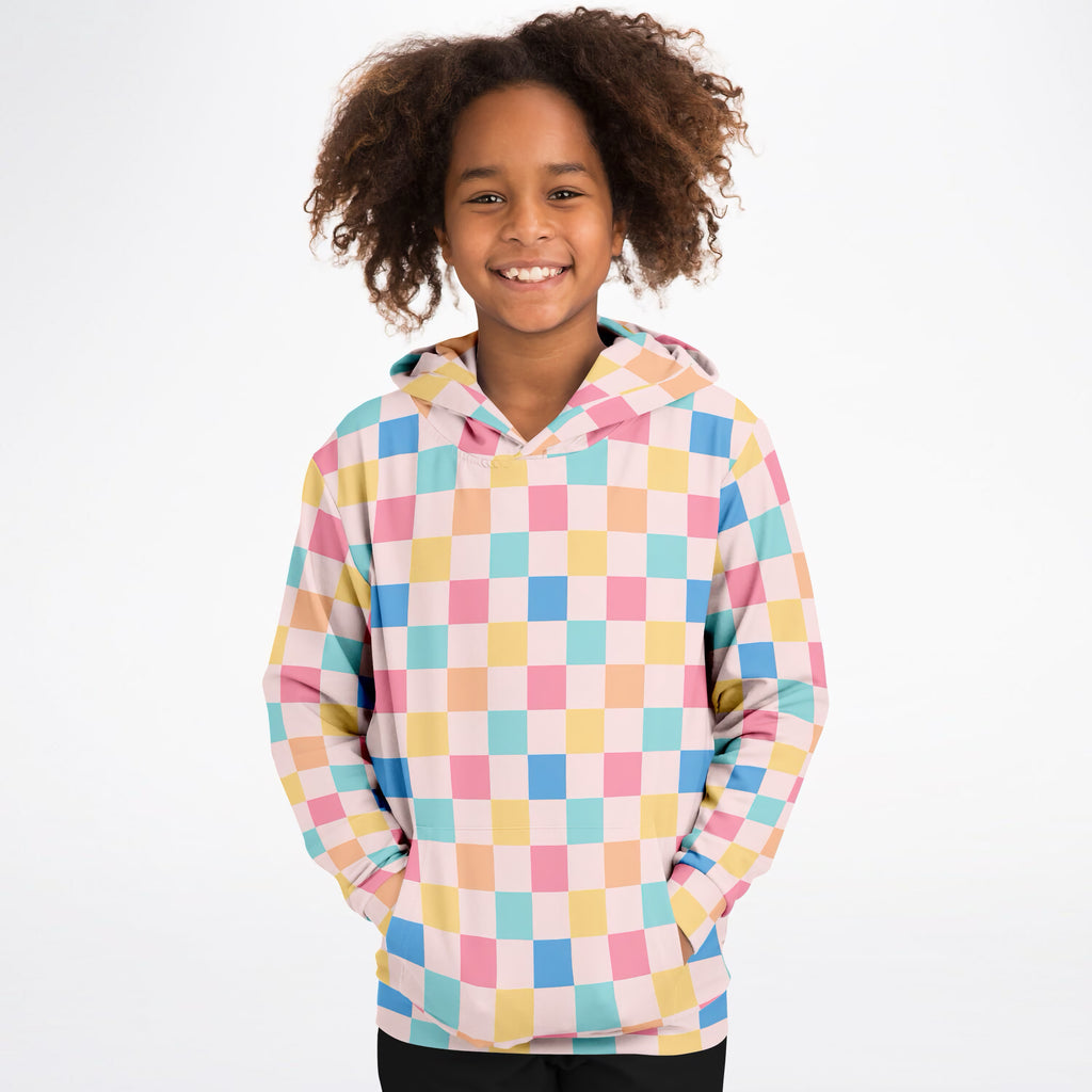 Girls Pastel Rainbow Checkered Hoodie – Ultra Comfy & Stretchy, Cozy Fleece or Lightweight Sports Fabric, Double-Layer Hood & Kangaroo Pocket