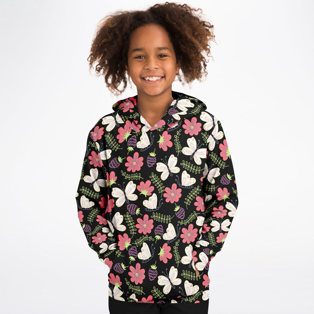 Girls Black Butterfly & Floral Hoodie – Ultra Comfy & Stretchy, Cozy Fleece or Lightweight Sports Fabric, Double-Layer Hood & Kangaroo Pocket