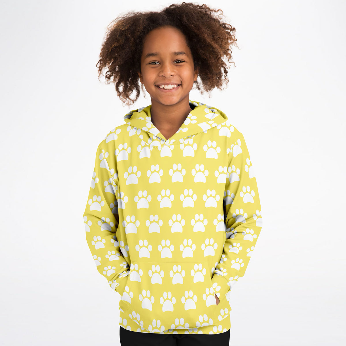 Kids Yellow Paw Print Hoodie – Ultra Comfy & Stretchy, Cozy Fleece or Lightweight Sports Fabric, Double-Layer Hood & Kangaroo Pocket