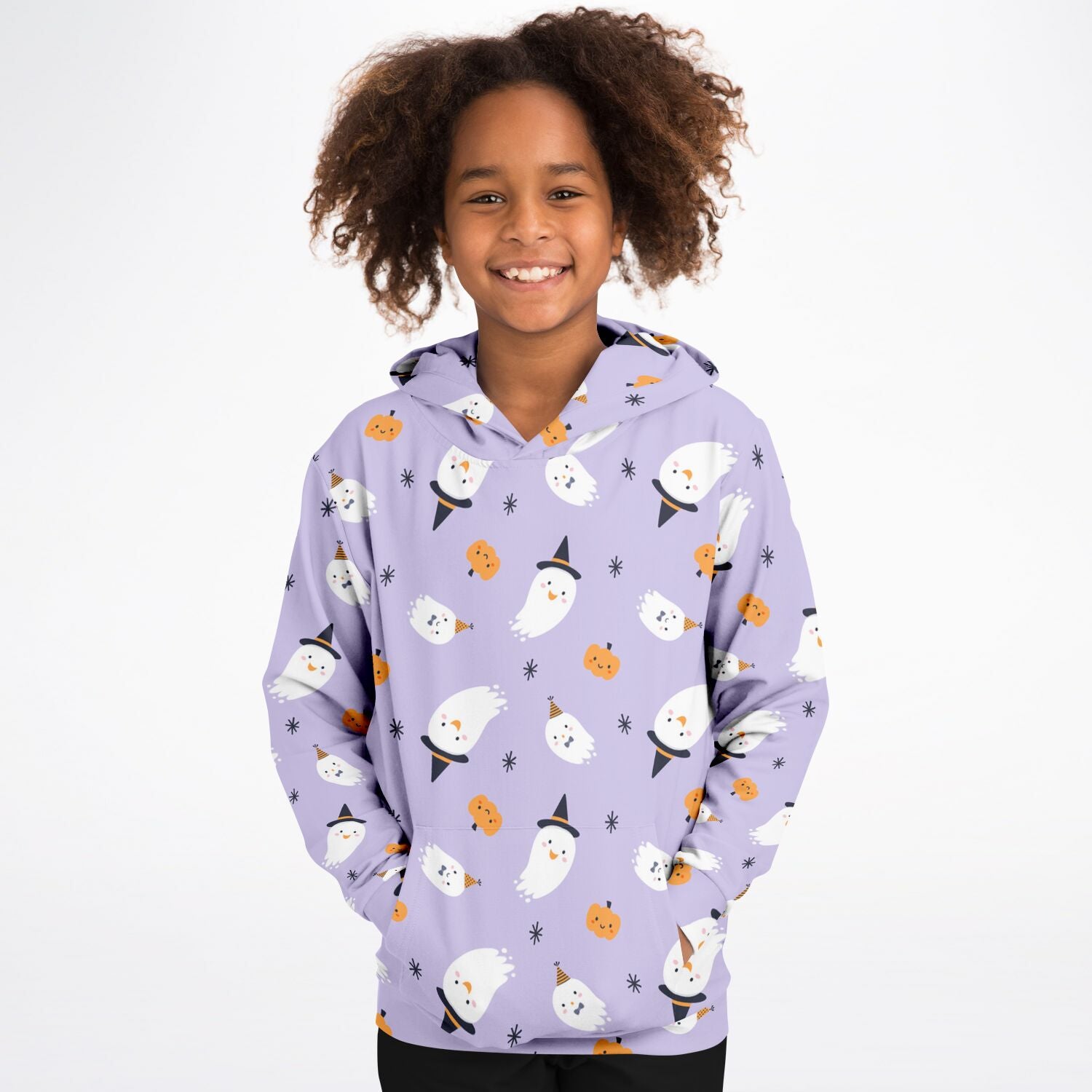 Girls witch ghost Halloween hoodie in lavender cotton fleece with playful white ghost and pumpkin pattern for cozy wear