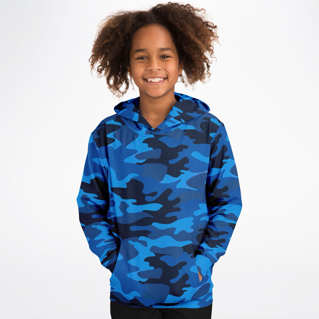 Kids Blue Camouflage Hoodie – Ultra Comfy & Stretchy, Cozy Fleece or Lightweight Sports Fabric, Double-Layer Hood & Kangaroo Pocket