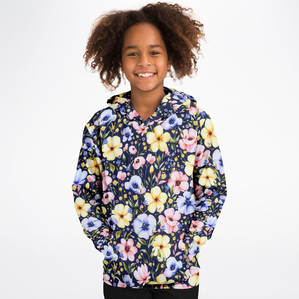 Girls Navy Blue Watercolor Floral Hoodie – Ultra Comfy & Stretchy, Cozy Fleece or Lightweight Sports Fabric, Double-Layer Hood & Kangaroo Pocket