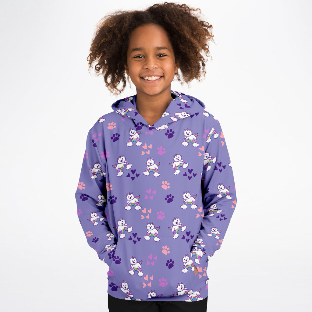 Girls Purple Caticorn Hoodie – Ultra Comfy & Stretchy, Cozy Fleece or Lightweight Sports Fabric, Double-Layer Hood & Kangaroo Pocket