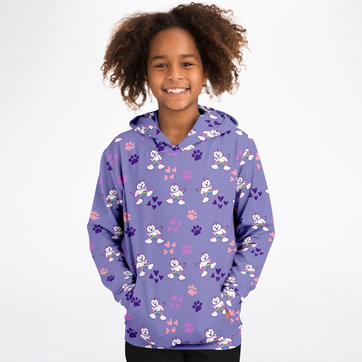 Girls Purple Caticorn Hoodie – Ultra Comfy & Stretchy, Cozy Fleece or Lightweight Sports Fabric, Double-Layer Hood & Kangaroo Pocket