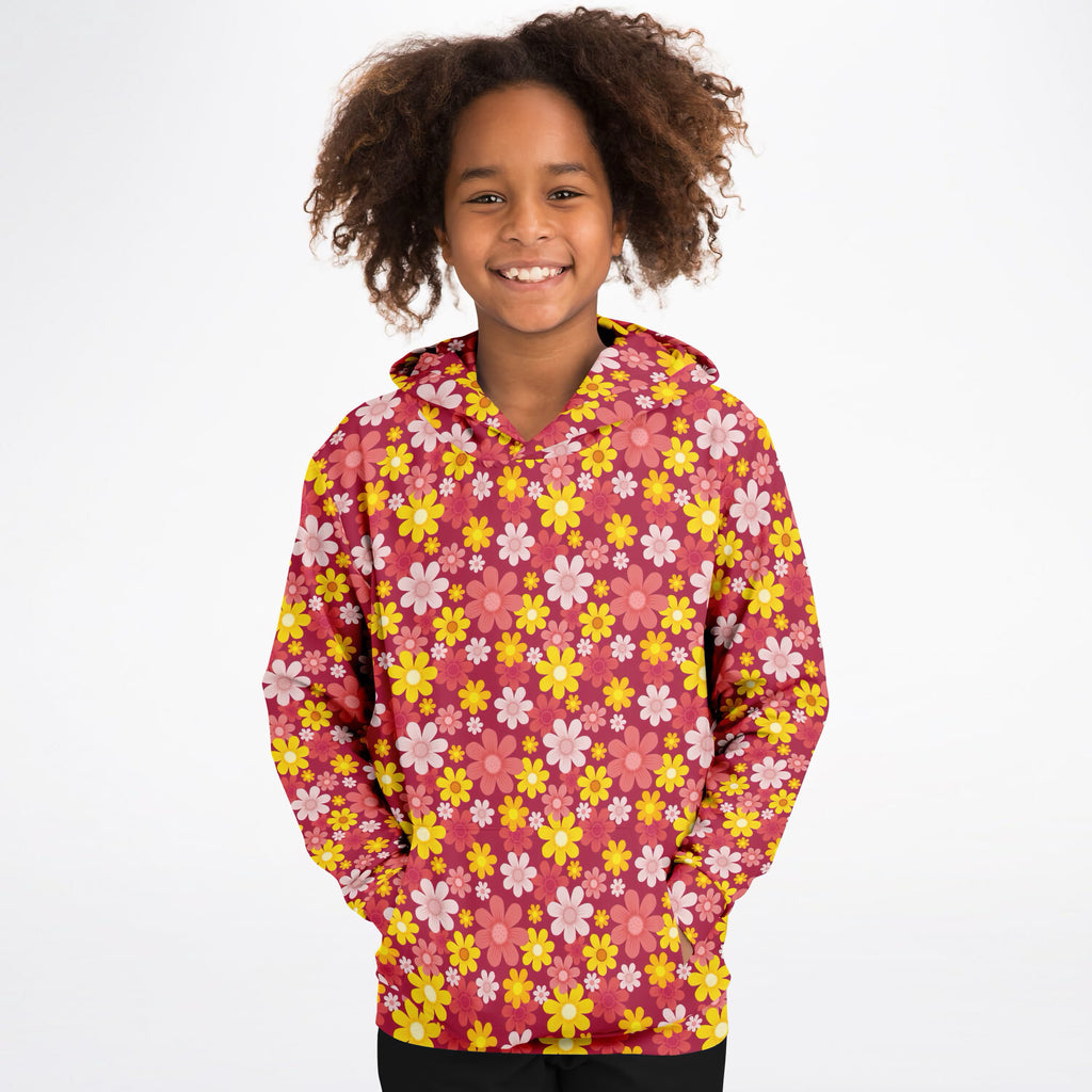 Girls Red Floral Hoodie – Ultra Comfy & Stretchy, Cozy Fleece or Lightweight Sports Fabric, Double-Layer Hood & Kangaroo Pocket