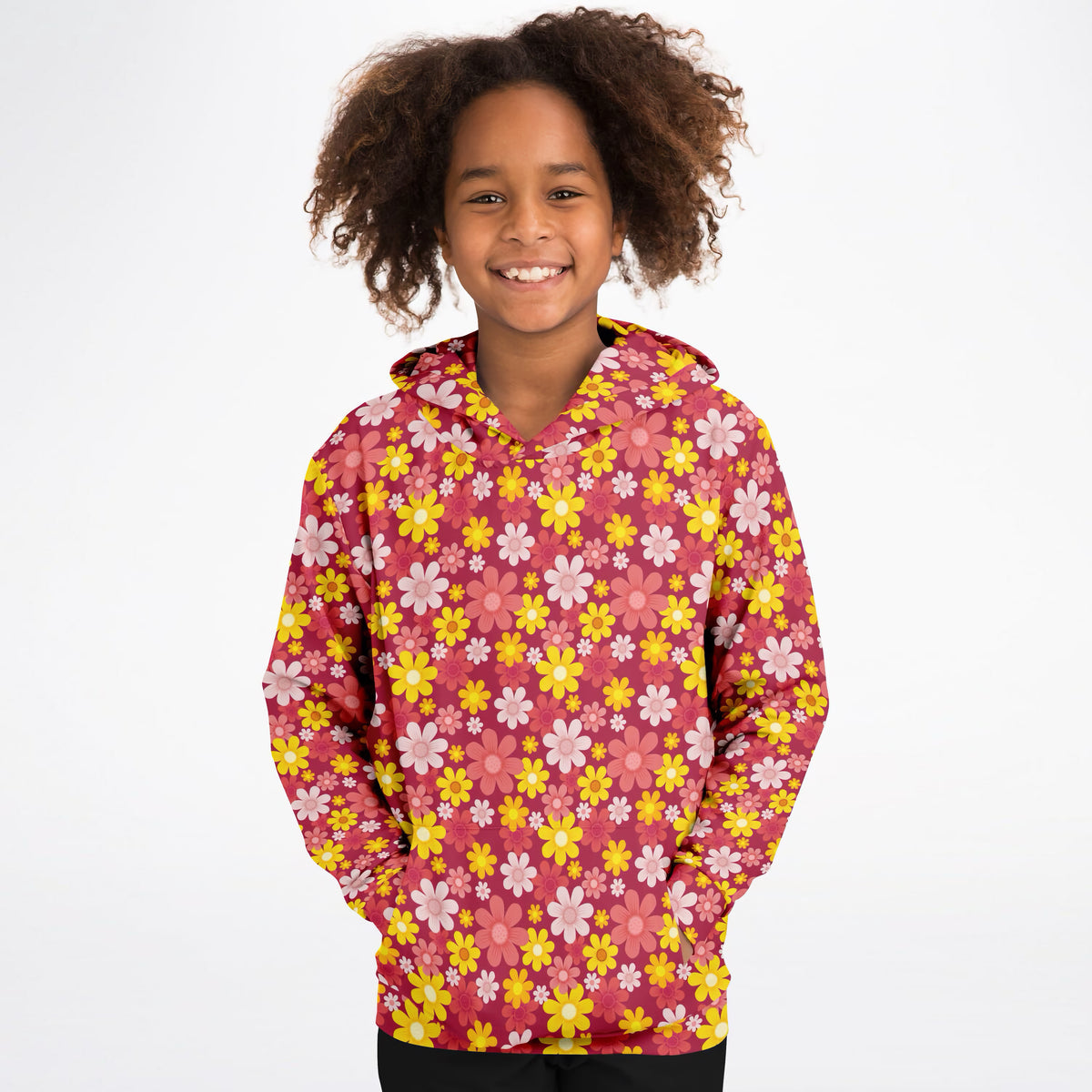 Girls Red Floral Hoodie – Ultra Comfy & Stretchy, Cozy Fleece or Lightweight Sports Fabric, Double-Layer Hood & Kangaroo Pocket