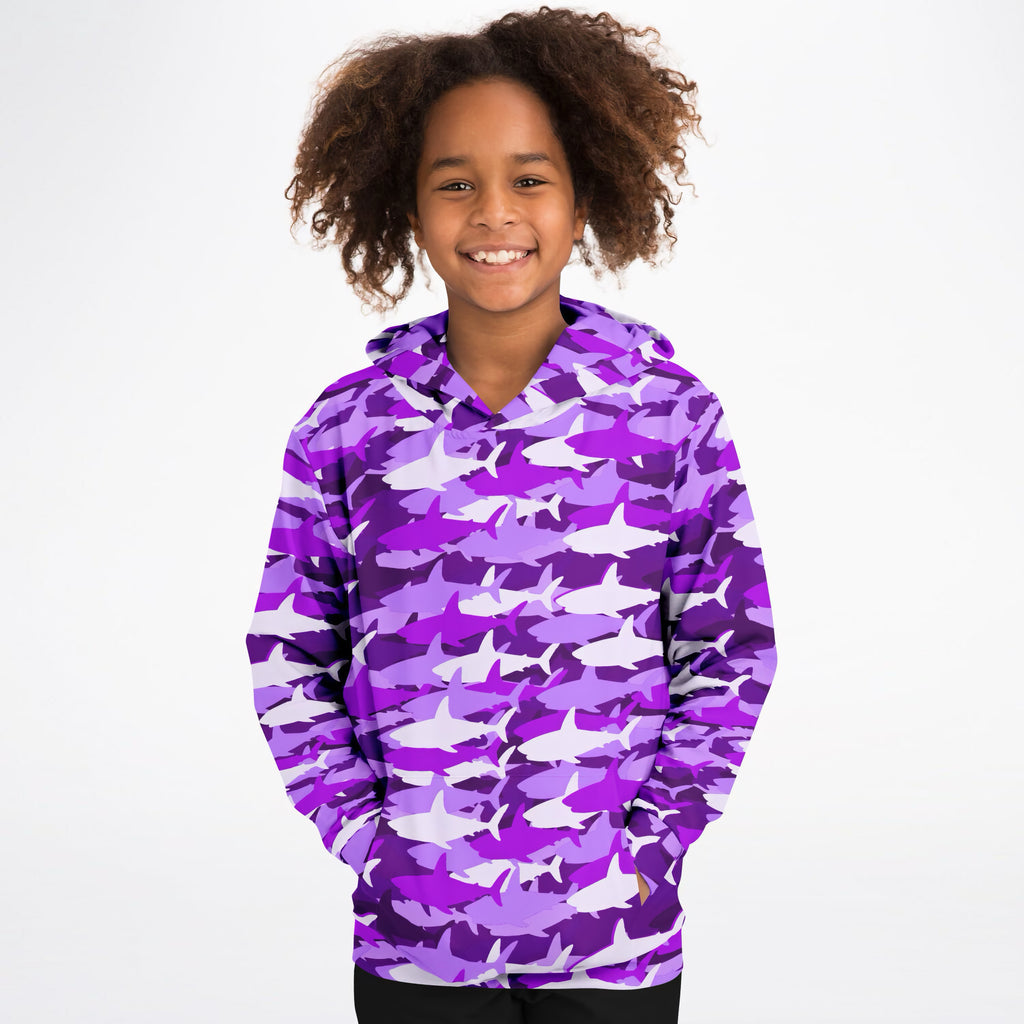 Girls Purple Shark Camouflage Hoodie – Ultra Comfy & Stretchy, Cozy Fleece or Lightweight Sports Fabric, Double-Layer Hood & Kangaroo Pocket