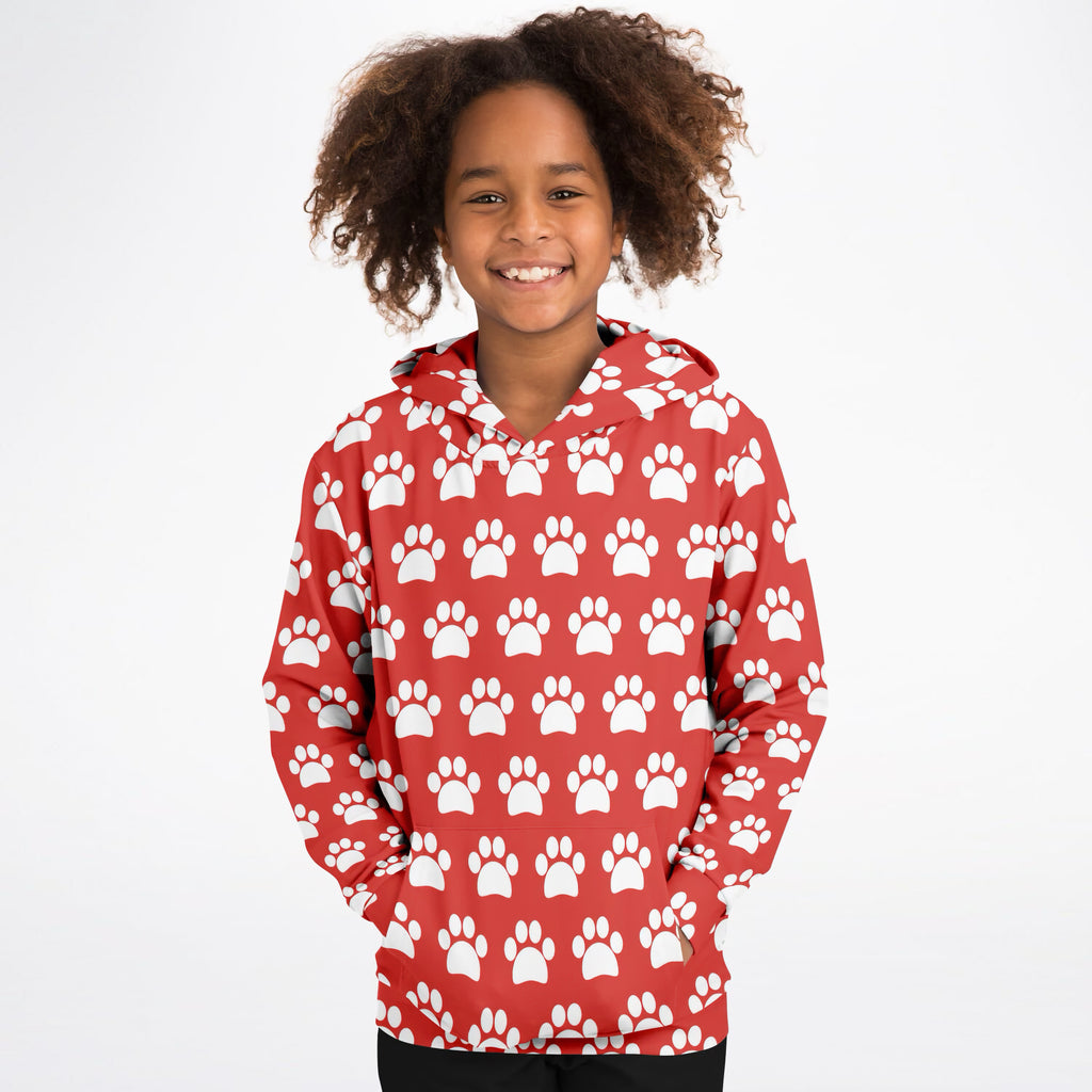 Kids Red Paw Print Hoodie – Ultra Comfy & Stretchy, Cozy Fleece or Lightweight Sports Fabric, Double-Layer Hood & Kangaroo Pocket
