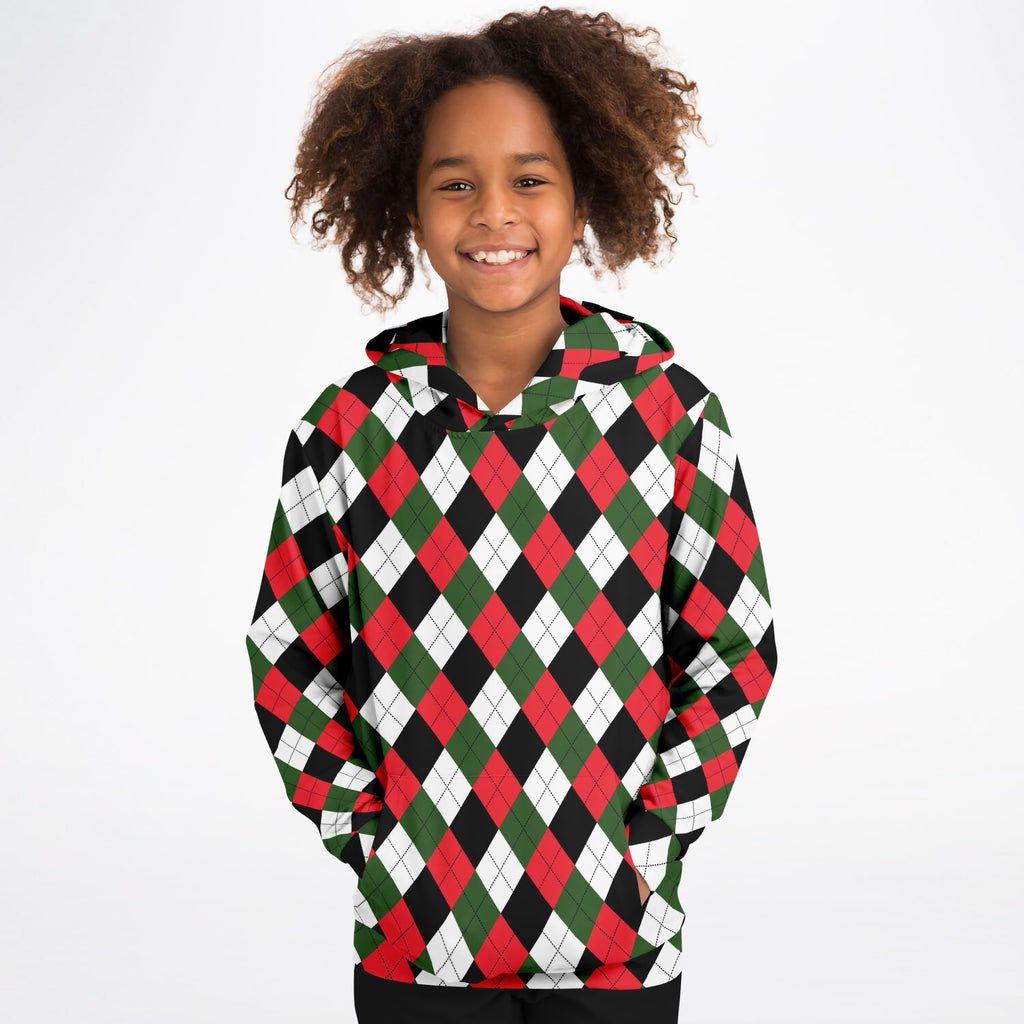 Kids Christmas Argyle Hoodie – Ultra Comfy & Stretchy, Cozy Fleece or Lightweight Sports Fabric, Double-Layer Hood & Kangaroo Pocket
