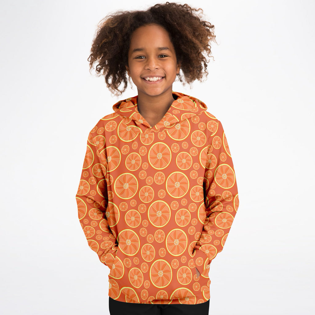 Kids Orange Citrus Hoodie – Ultra Comfy & Stretchy, Cozy Fleece or Lightweight Sports Fabric, Double-Layer Hood & Kangaroo Pocket