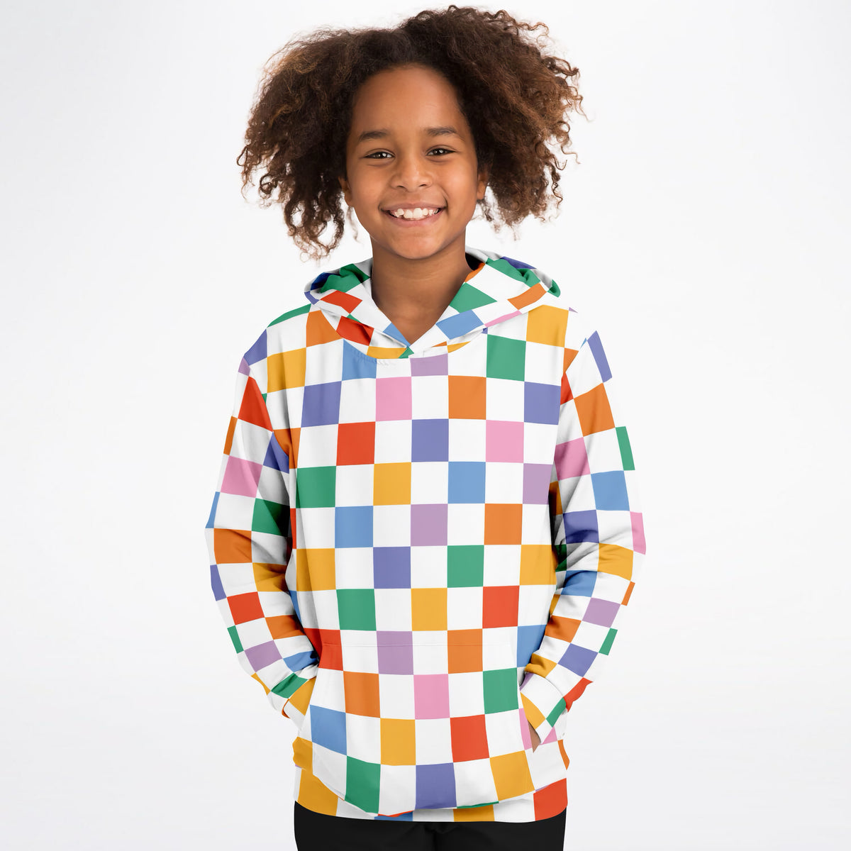 Girls Bright Rainbow Checkered Hoodie – Ultra Comfy & Stretchy, Cozy Fleece or Lightweight Sports Fabric, Double-Layer Hood & Kangaroo Pocket