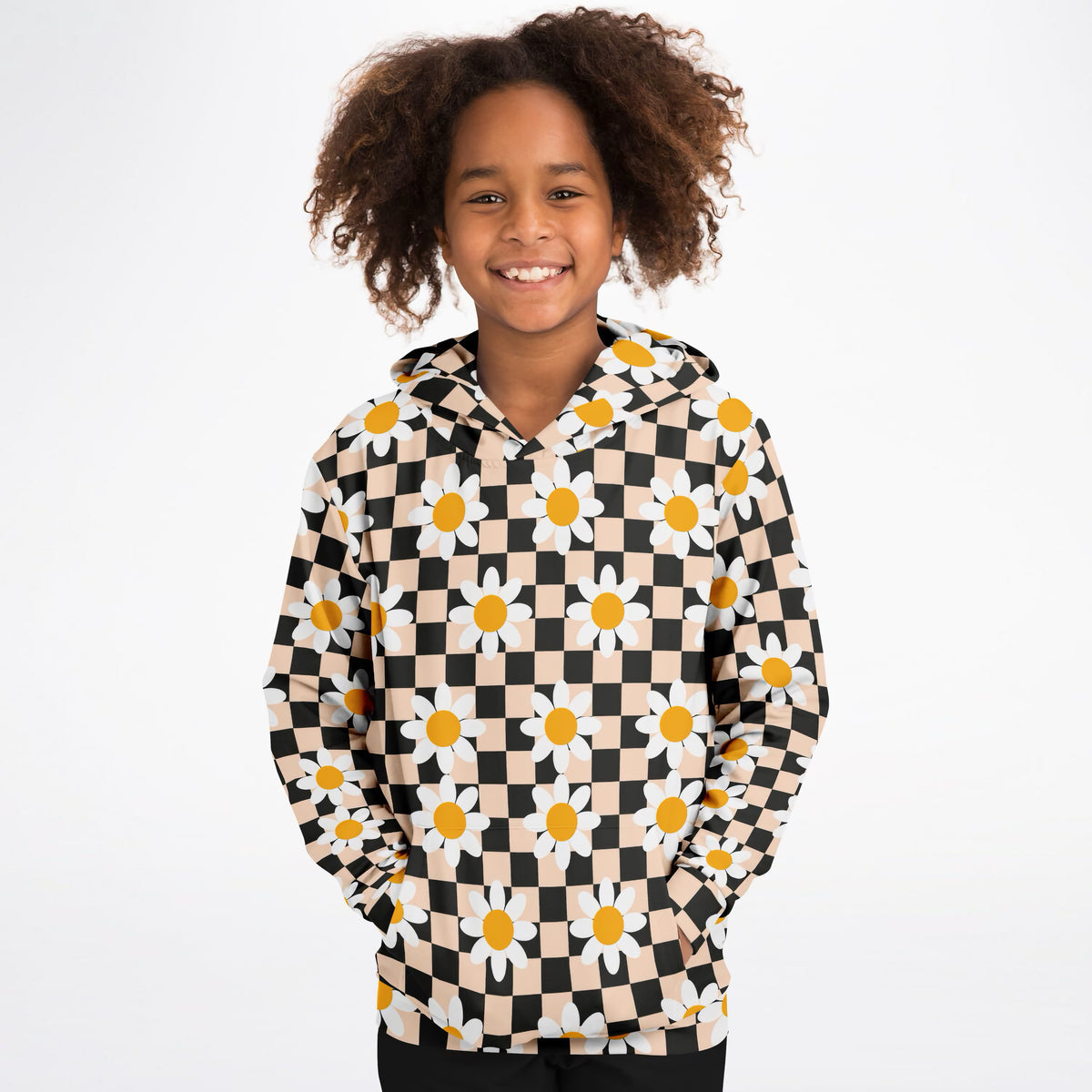 Girls Daisy Checkered Hoodie – Ultra Comfy & Stretchy, Cozy Fleece or Lightweight Sports Fabric, Double-Layer Hood & Kangaroo Pocket