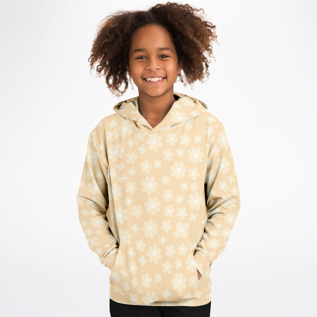 Girls Cream Daisy Floral Hoodie – Ultra Comfy & Stretchy, Cozy Fleece or Lightweight Sports Fabric, Double-Layer Hood & Kangaroo Pocket