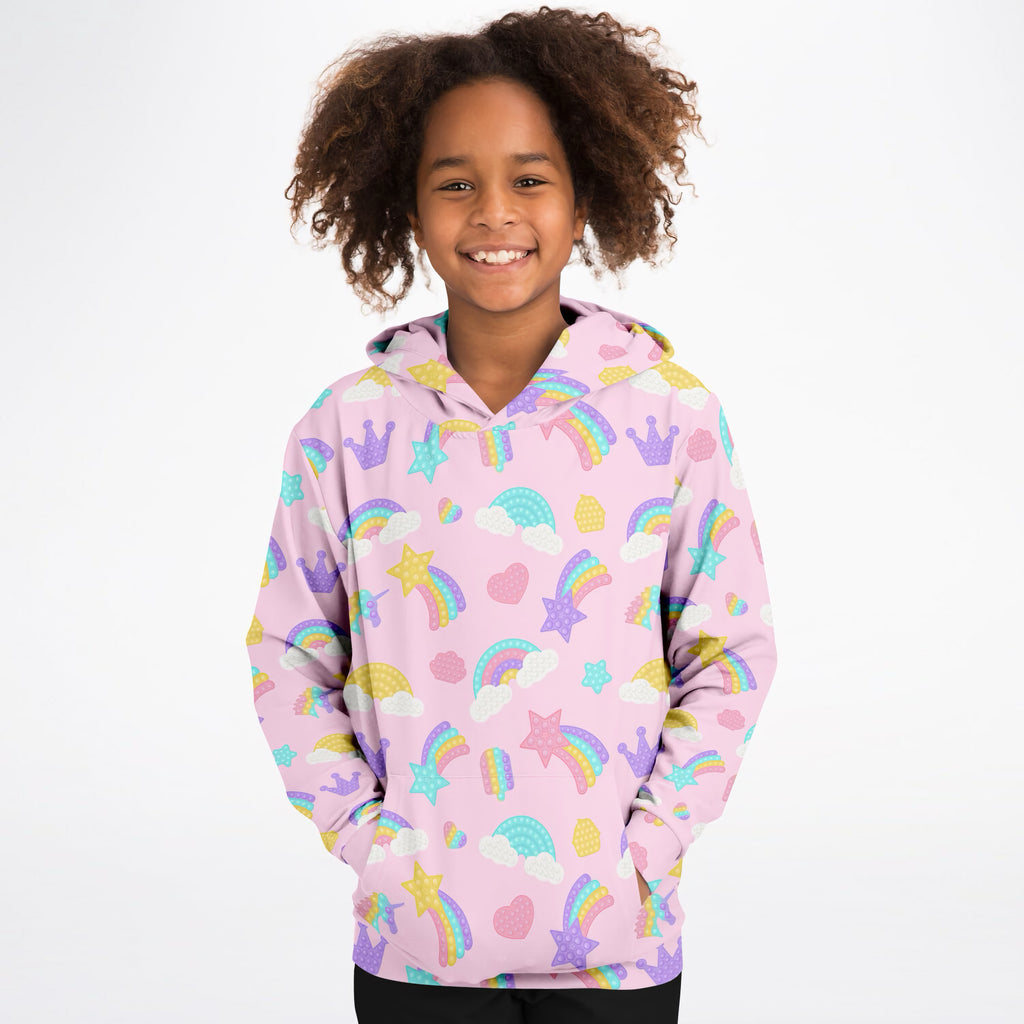 Girls Pink Rainbow Fidget Toy Themed Hoodie – Ultra Comfy & Stretchy, Cozy Fleece or Lightweight Sports Fabric, Double-Layer Hood & Kangaroo Pocket
