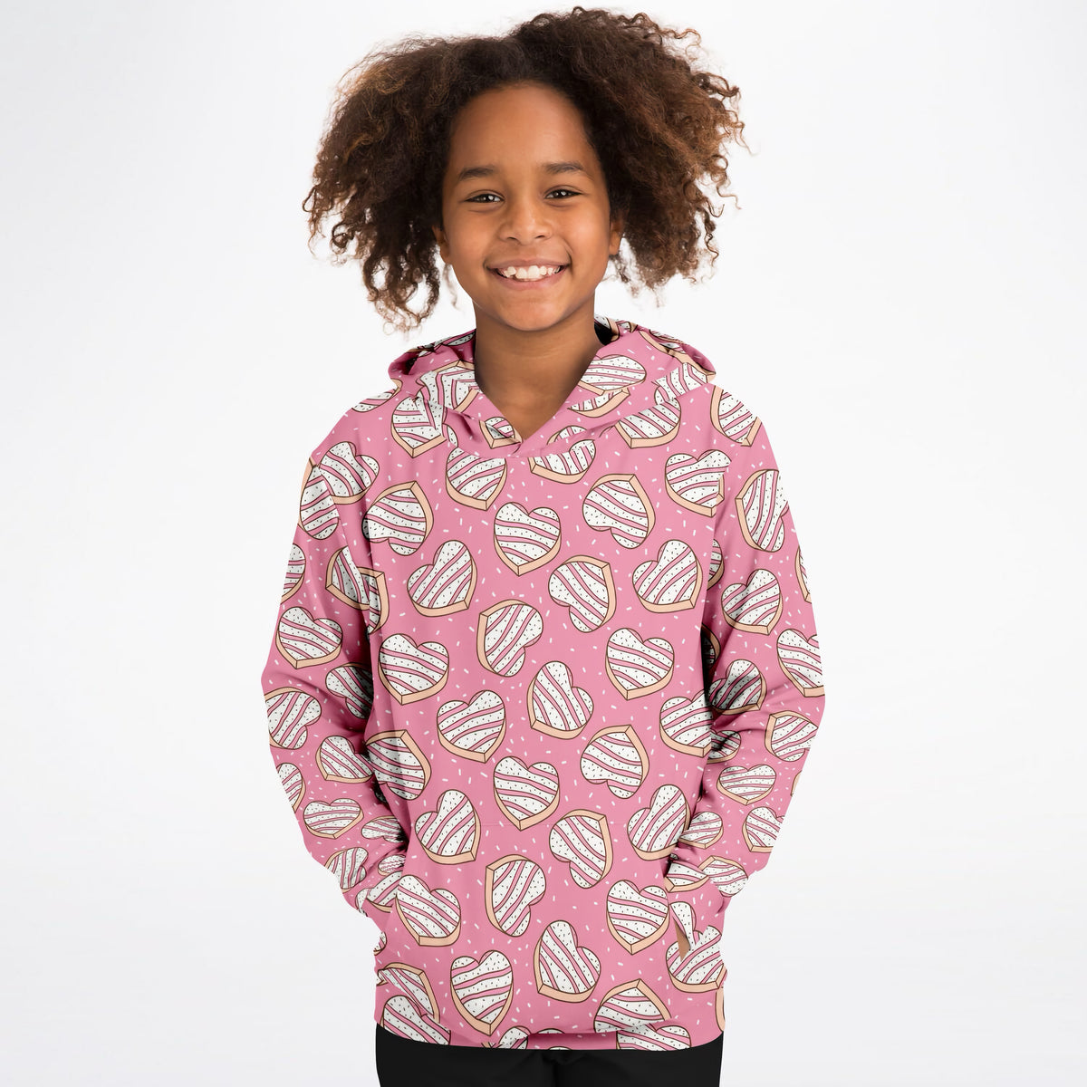 Girls Pink Heart Cookie Hoodie – Ultra Comfy & Stretchy, Cozy Fleece or Lightweight Sports Fabric, Double-Layer Hood & Kangaroo Pocket