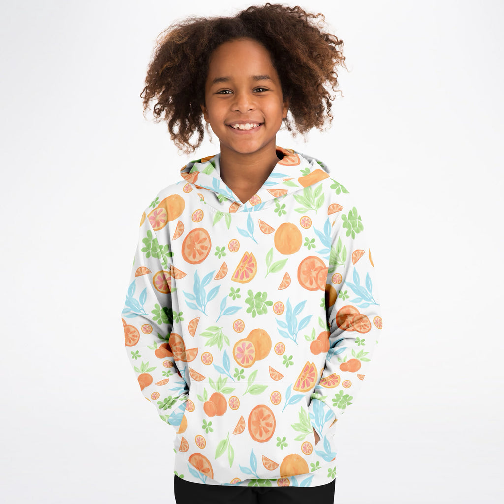 Kids Watercolor Orange Citrus Hoodie – Ultra Comfy & Stretchy, Cozy Fleece or Lightweight Sports Fabric, Double-Layer Hood & Kangaroo Pocket